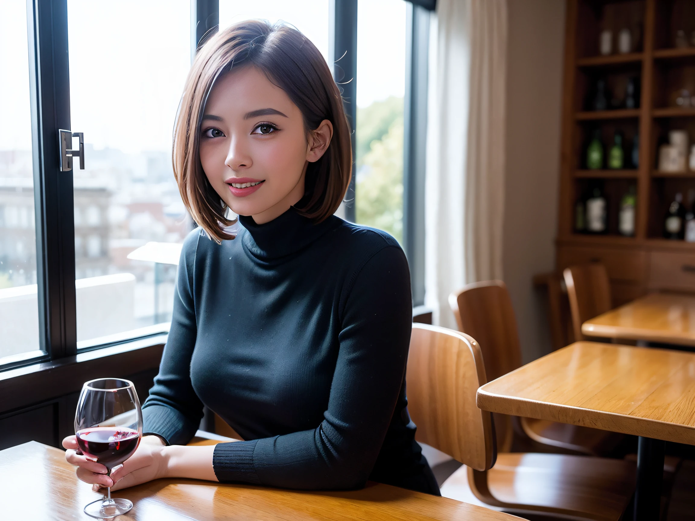 (64k uhd、nffsw、top-quality、masterpiece:1.2)、(realisitic、Photorealsitic:1.37)、ultra-detailliert、wine glasses、fun milf、1 pretty lady、(Slim Faces)、(Slim body)、(brawn hair)、(short-cut)、smiling french woman、Italian woman、Americana、blush a little on the cheeks、(52yo)、45 yers old、red wine、Beautiful detailed urban night view outside the window、resturant、Wine glasses in a prominent place、natta、(from waist up)、sitting on、date、(A smile:1.15)、Beautiful fine eyes、The upper part of the body、bustup、Cashmere sweater、long-sleeved dresses、japanes、(short-hair:1.2)、Float NovaFrogStyle、女優、modeled、from waist up、white wine、Slimed、wine glasses、Super beautiful night view、Put the wine glass in the middle、Happy smile、(8K、Raw photography、top-quality、masterpiece:1.2)、(realisitic、Photorealsitic:1.37)、ultra-detailliert、超A high resolution、2 females、see the beholder、beautifull detailed face、A smile、Constriction、(Slim waist) :1.3)、knit shirt、Beautiful detailed skin、Skin Texture、floated hair、profetional lighting、middlebreasts、eyes gentle