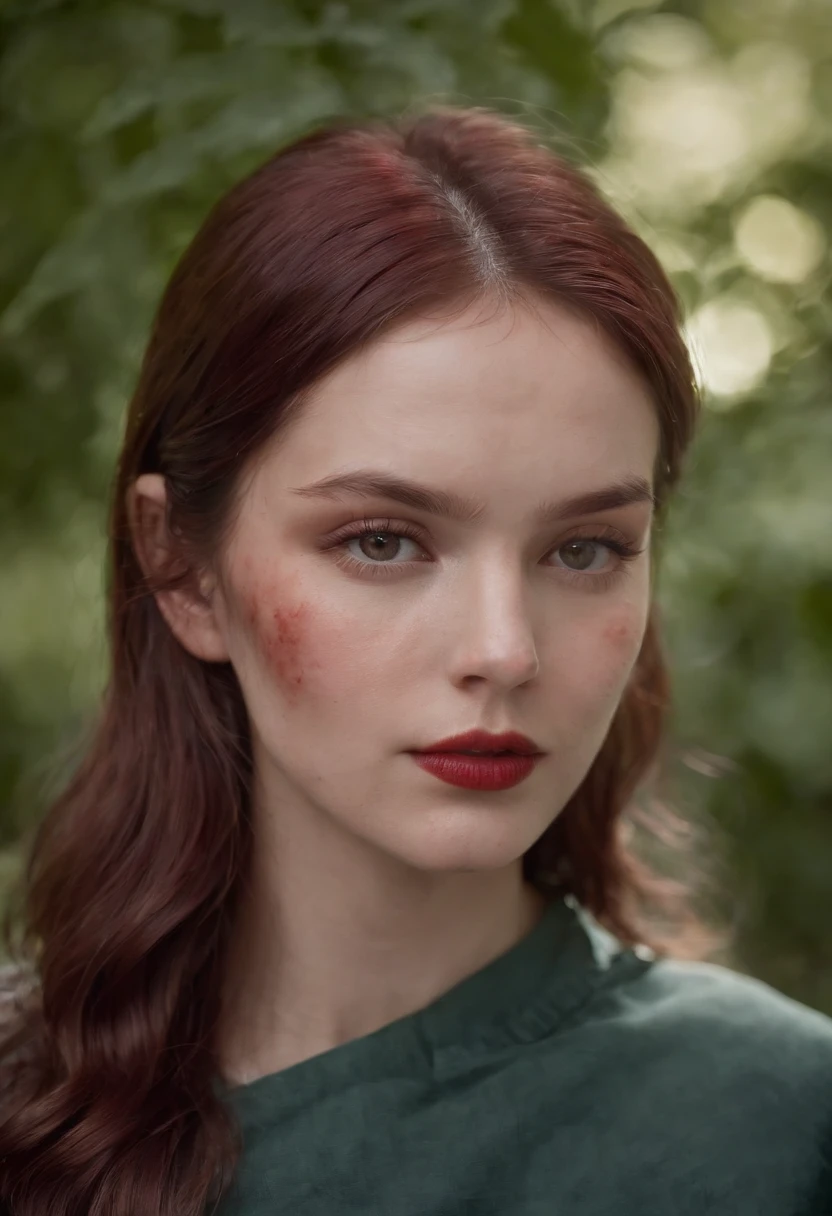 (((A deep reddish wound runs through his left cheek))) teint clair, woman about 19 years old, cheveux bruns naturels, Yeux bleus distinctifs, mince et gracieux, beau, Lumière des bougies in a cadre urban, mise au point ultra nette, Realistic shooting, Vêtements féminins légers, Tetradic colors (cicatrice:1.4)