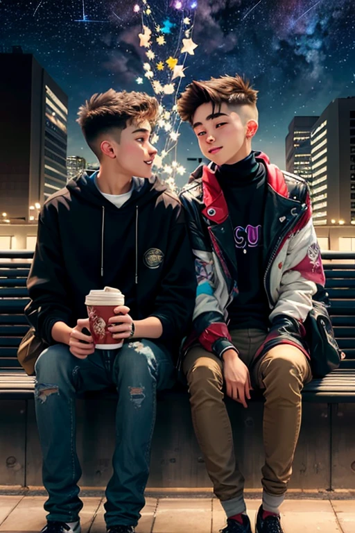 Two gay teens on a date leaning against each other and watching the stars