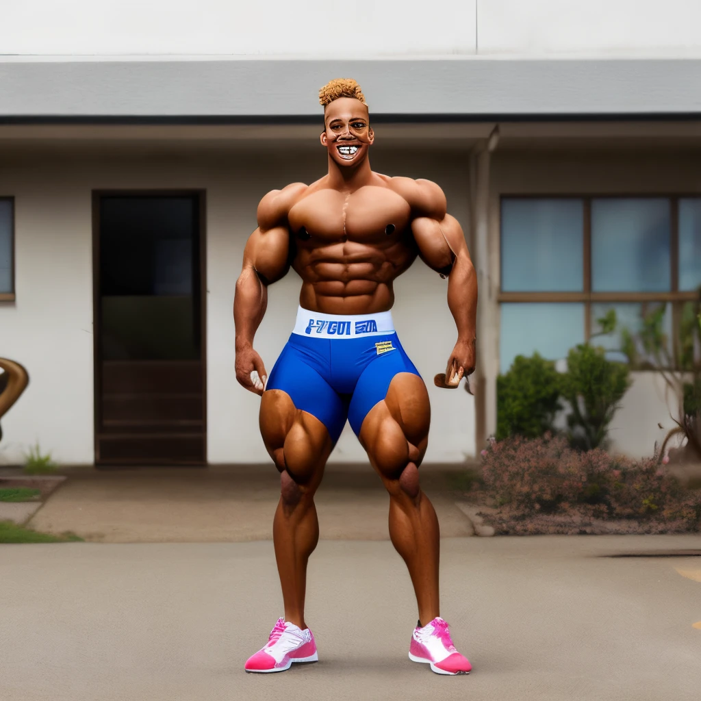 A body builder 6'8 woman with brown skin and Vitiligo, blonde hair, and hazel eyes