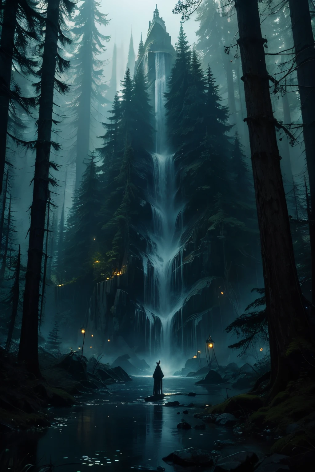 A whimsical, dreamlike artwork of a dark forest, fireflies lights up the tall trees, in the distance there is a waterfall, acting like a gate to the underworld. Dark fog is emitting from the gate, leading lost souls to their new domain. Magical wonders