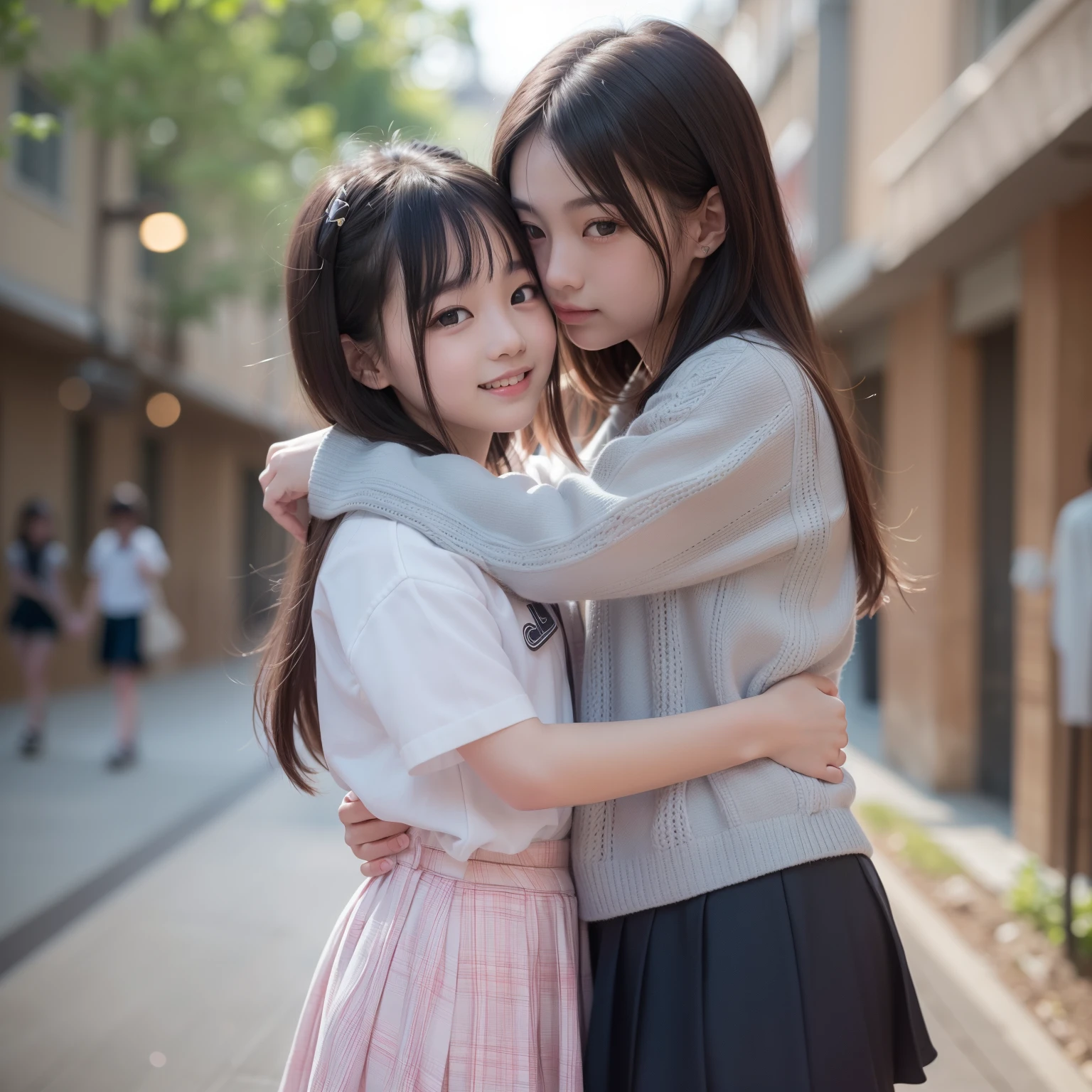 (8k、RAW Photography、top-quality、​masterpiece:1.2)、(realisitic、Photorealsitic:1.4)、Hyper-Realism、(​masterpiece)、(hight resolution)、(ultra-detailliert)、(Best Shadows)、realistic shadow、超A high resolution、(详细的脸:1.4)、flawless skin、realistic skin textures、detailed skin textures、depth of fields、natural blurry、lensflare、(Soft Saturation:1.3)、professional portrait photo、holding hands and kissing at school、校服、a smile、two cute junior high school students、Pink Bob Cut、Long black hair、hug、beautidful eyes、