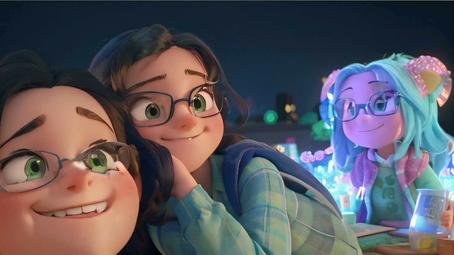 two girls hugging. the girl to the left has glasses, is smiling, and has a light green flannel. the girl on the right is smiling too. the background is a light up eleephant