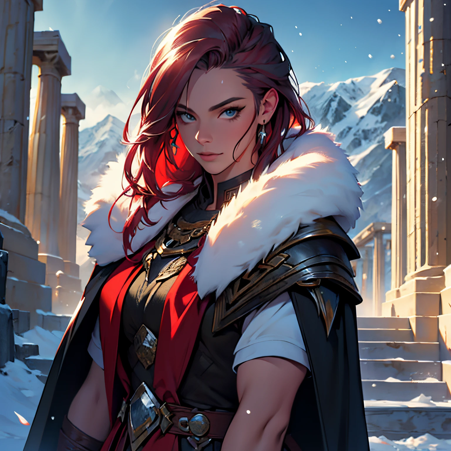 ​masterpiece, Best Quality, 4k, Background with:In front of the snow-covered stairs of a Greek temple with snow-capped mountains in the distance, valkyrie,dark red cloak, fiery silver hair, Fantasy, close up portrait photo