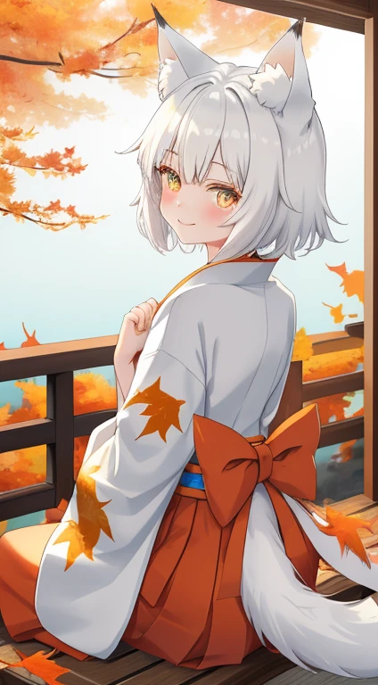 Cat's ears s girl Fox Beastman hair kawaii Anime style white colors short-cut high-level image quality fluffy tail wall-paper Beautiful eyes Eye clarity Beautiful skin Amber eyes kimono early evening Colored leaves Benches a smile