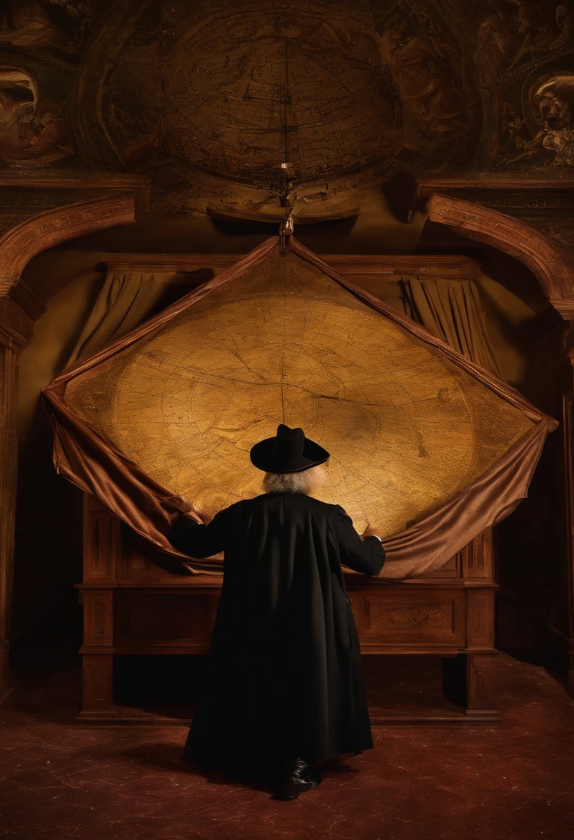 A photo of Nostradamus carefully examining a rare celestial map,Les Propheties,nostradamus, male