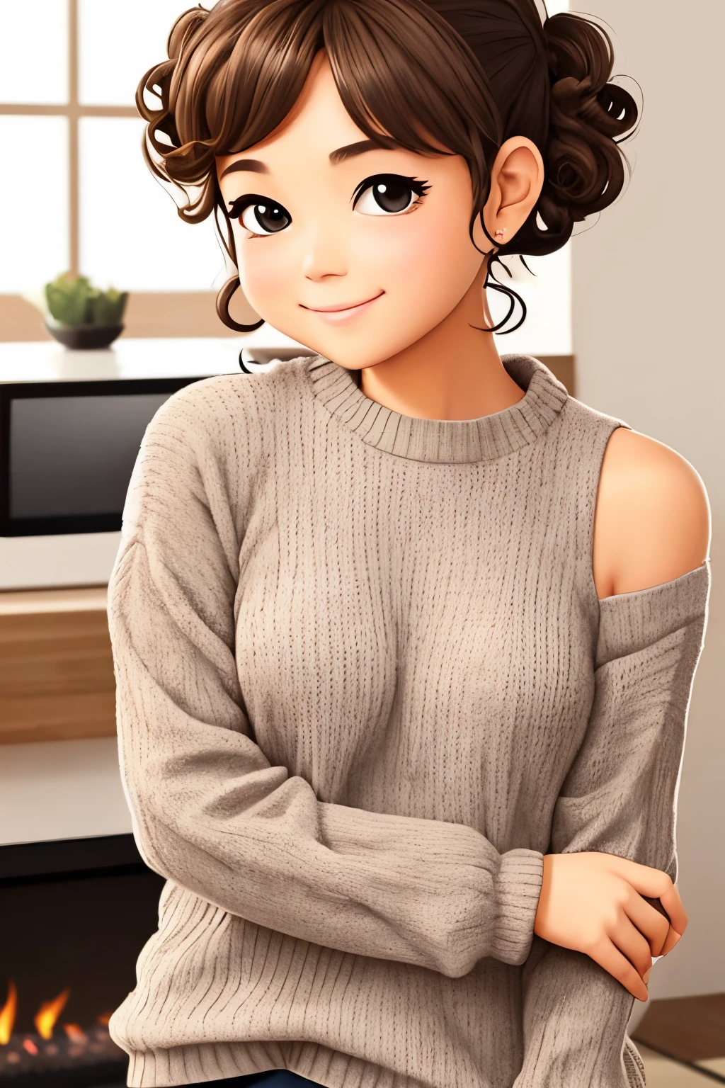 Shoulder sweater, Curly shorthair, hair scrunchie, Twin-tailed, kawaii pose、ssmile、Simple modern living room background with fireplace、Taken from the side、Strong bokeh