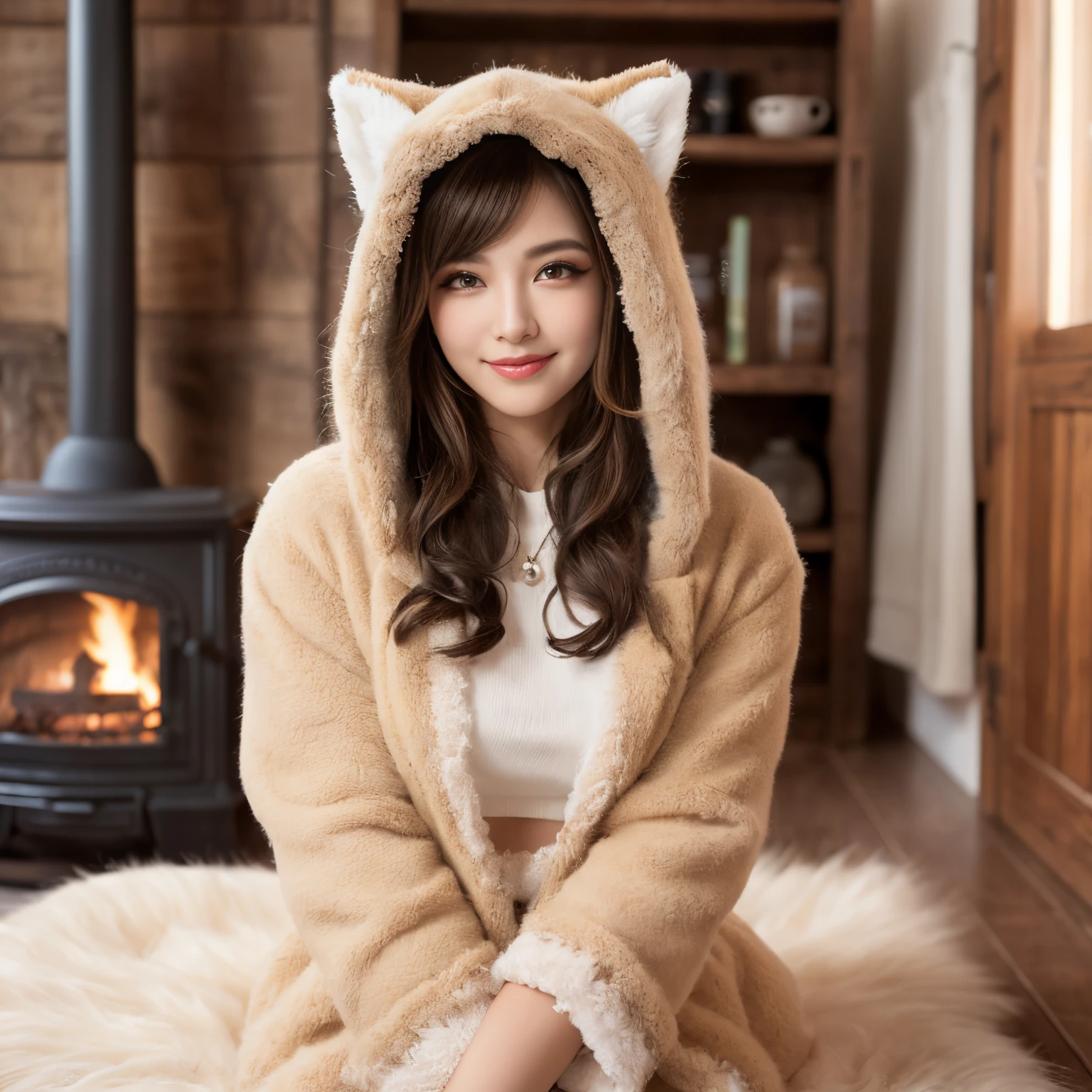 (top-quality、masutepiece、in 8K、Top image quality)、(A girl with very realistic fox ears:1.2)、Little Face Girl、Perfect makeup、(Color Contacts:1.2)、(Colorful eyeshadow:1.2)、glitter makeup、Smile、a blond、Brown hair、Long Wave Hair、photo of her from the waist up、Look at me and smile、The background is inside a cozy small mountain hut.、Interior of a cozy small mountain hut、1 old fireplace、Warm gentle lighting、(very realistic fur texture:1.3)、(very rich fur:1.2)、(far coat:1.3)、(fur hood:1.4)、(a large amount of fur:1.2)、(Fur carpet:1.3)、(Large amount of fur with very realistic texture:1.3)、(fluffy fur:1.2)