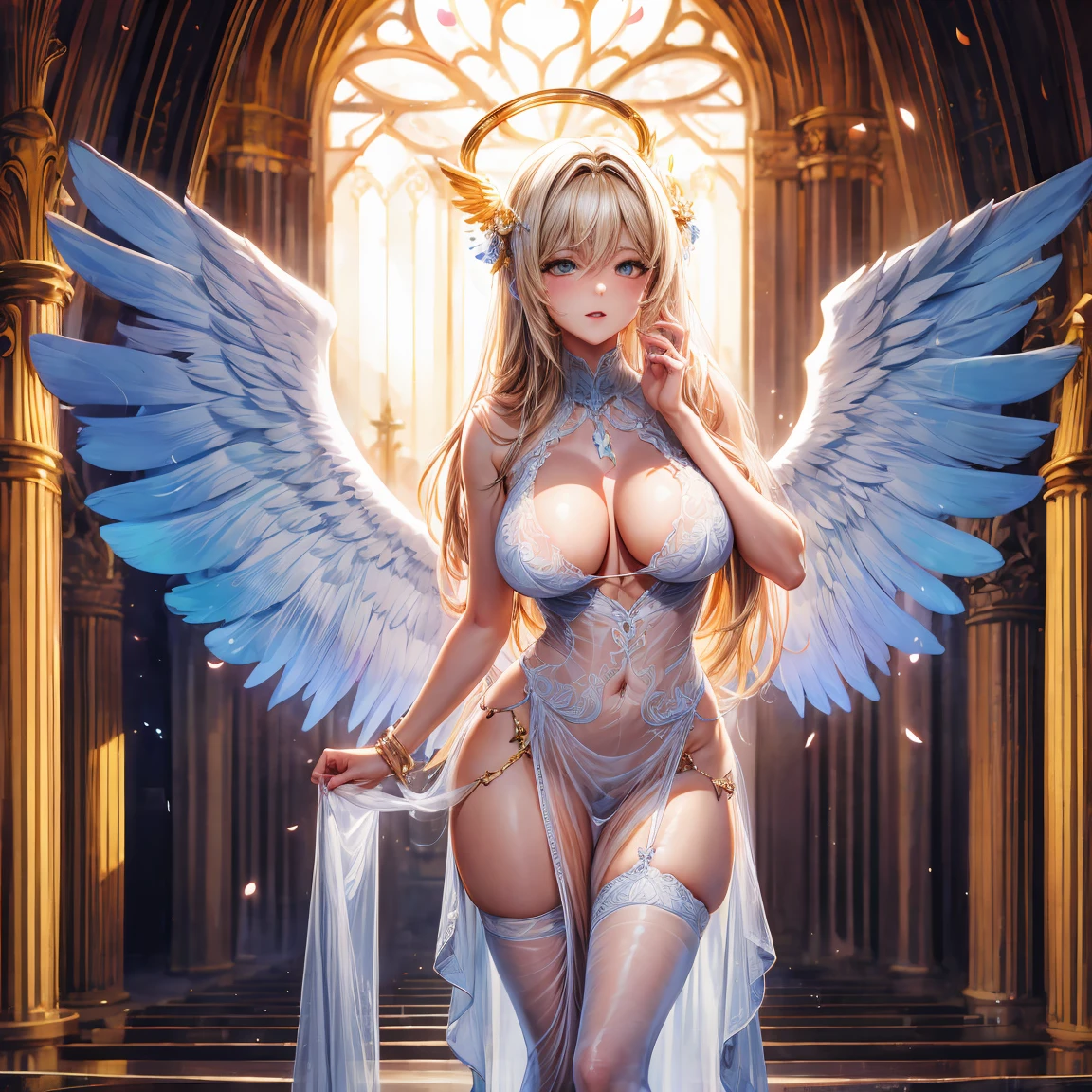 （8K ，hyper-detailing，ultra real photo，Best masterpiece，natural，Perfect artwork，Perfect female body），Cute busty girl ，Hair color，（Big tits），Angelic，obsessed，the angel's wings，The halo，Beautiful church，beautiful rain of petals，Gorgeous accessories，golden brilliance，Wearing a see-through sexy gauze skirt，Sexy transparent dress，ssee-through，Built-in thong，The cracks are relatively large，stretch the meat，Raised sexy，Flirtatious，Full body photo