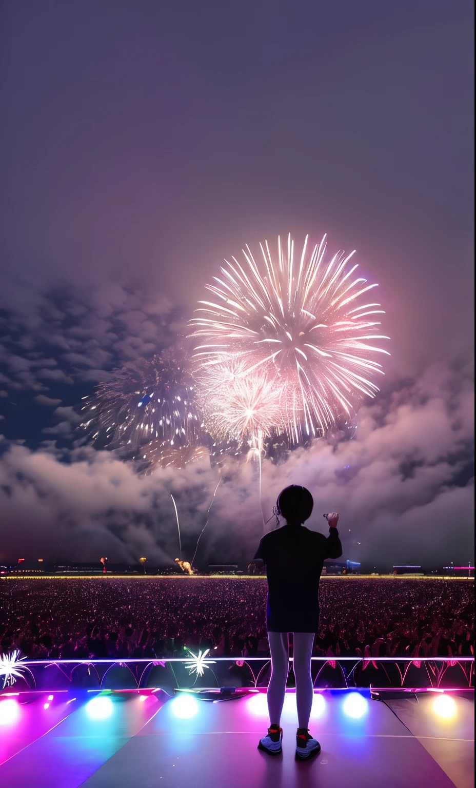 Standing on the stage close up。Looking at the thousands of lights in the distance。Fireworks bloom in the night sky