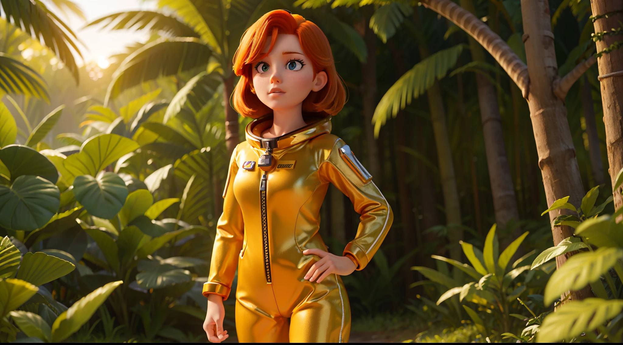 young woman space cadet, ginger hair, mid shot, very beautiful, detailed golden space suit, standing in tropical forest, sunset, peaceful atmosphere, vibrant, colorful