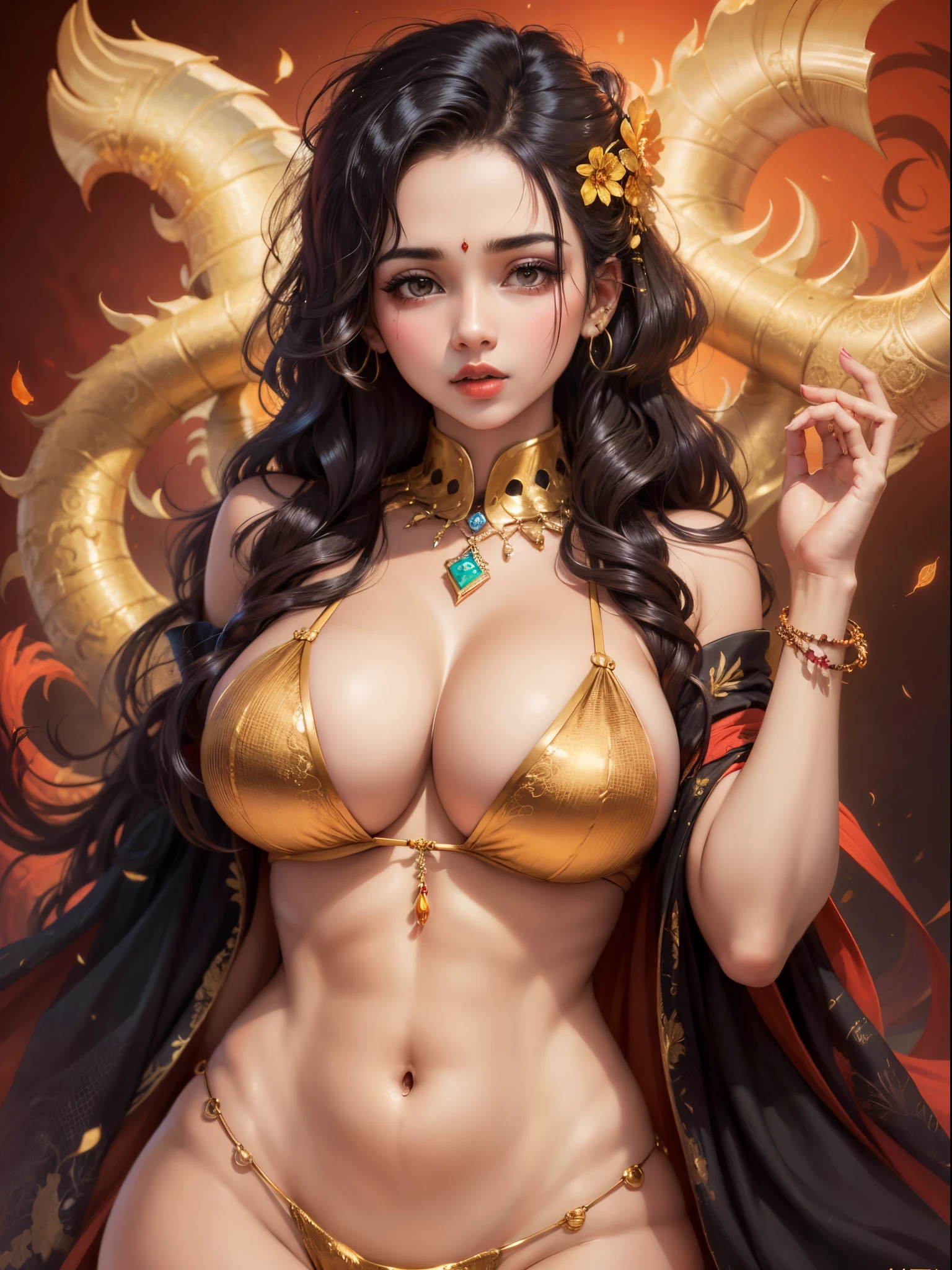 an Indian beautiful girl wearing a shiny gold bikini, gigantic breasts, background filled with black and red colours.  - --auto --s2