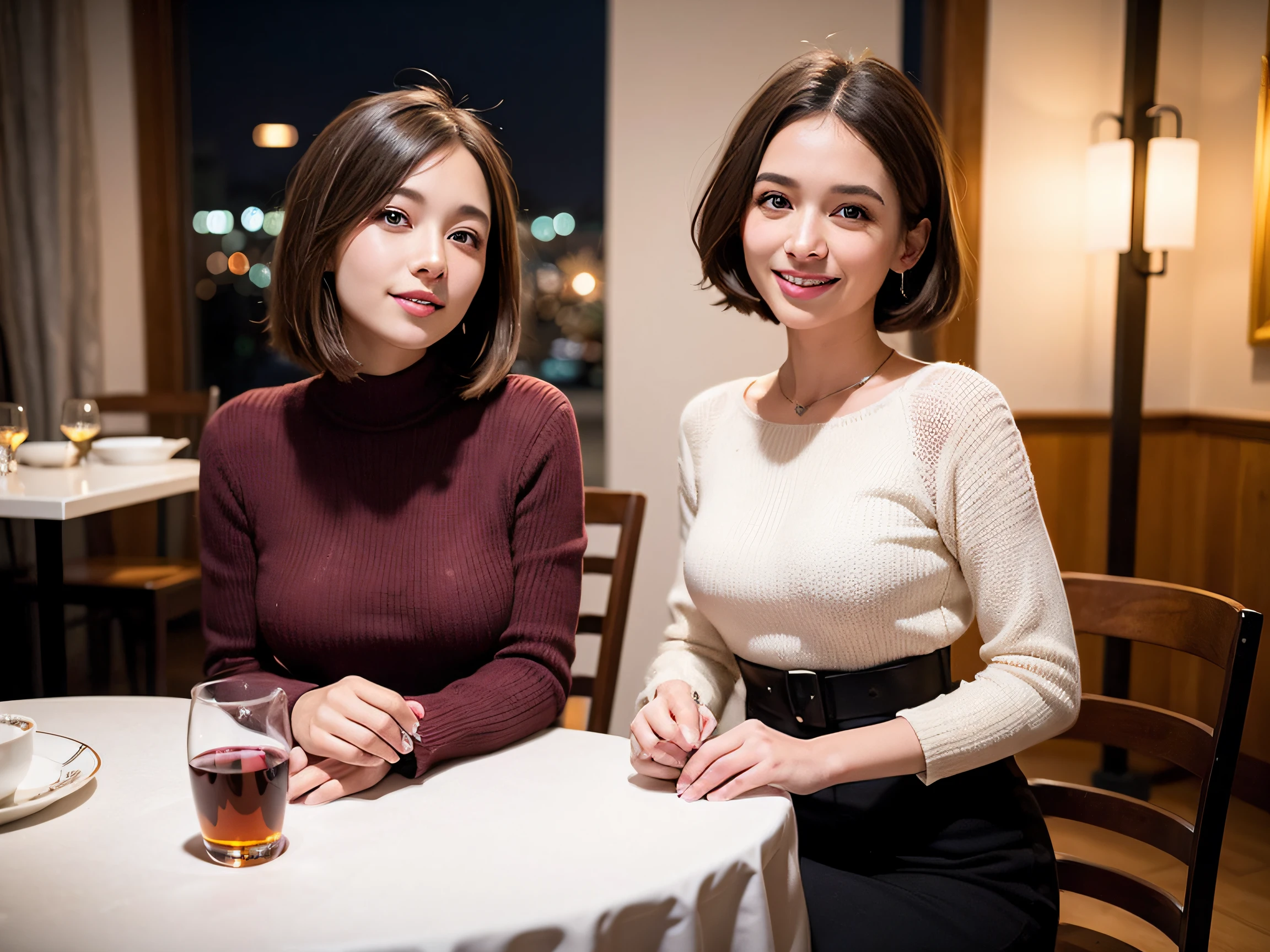 (64k uhd、nffsw、top-quality、​masterpiece:1.2)、(realisitic、Photorealsitic:1.37)、ultra-detailliert、wine glasses、enjoying a glass of wine、a matural female、Two cute women、(Slim Faces)、(Slim body)、（brawn hair）、(short-cut)、smiling french woman、happy italian girl、Latino women、Americana、blush a little on the cheeks、(52yo)、48yo、red wine、Beautiful detailed urban night view outside the window、resturant、Wine glasses in a prominent place、natta、(from waist up)、sitting on、date、(A smile:1.15)、Beautiful fine eyes、bustup、Cashmere sweater、long-sleeved dresses、japanes、(short-hair:1.2)、Float NovaFrogStyle、女優、modeled、from waist up、white wine、Slimed、wine glasses、Super beautiful night view、Put the wine glass in the middle、Happy smile、(8K、Raw photography、top-quality、​masterpiece:1.2)、(realisitic、Photorealsitic:1.37)、ultra-detailliert、超A high resolution、2 females、see the beholder、beautifull detailed face、A smile、Constriction、(Slim waist) :1.3)、knit shirt、Beautiful detailed skin、Skin Texture、floated hair、profetional lighting、middlebreasts、eyes gentle