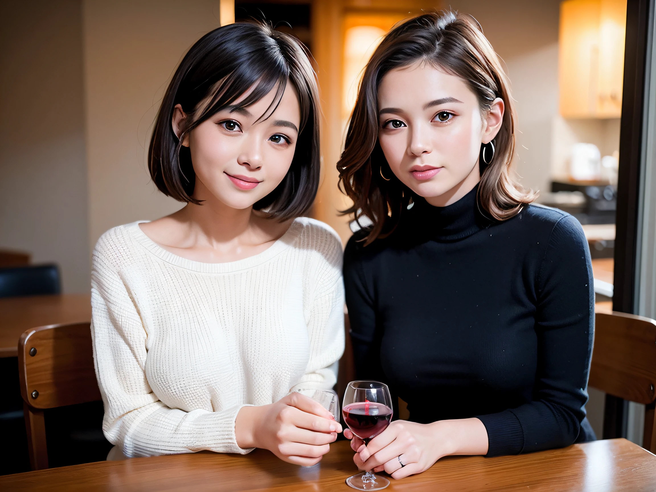 (64k uhd、nffsw、top-quality、masterpiece:1.2)、(realisitic、Photorealsitic:1.37)、ultra-detailliert、wine glasses、enjoying a glass of wine、a matural female、Two cute women、(Slim Faces)、(Slim body)、(brawn hair)、(short-cut)、smiling french woman、happy italian girl、Latino women、Americana、blush a little on the cheeks、(52yo)、48yo、red wine、Beautiful detailed urban night view outside the window、resturant、Wine glasses in a prominent place、natta、(from waist up)、sitting on、date、(A smile:1.15)、Beautiful fine eyes、bustup、Cashmere sweater、long-sleeved dresses、japanes、(short-hair:1.2)、Float NovaFrogStyle、女優、modeled、from waist up、white wine、Slimed、wine glasses、Super beautiful night view、Put the wine glass in the middle、Happy smile、(8K、Raw photography、top-quality、masterpiece:1.2)、(realisitic、Photorealsitic:1.37)、ultra-detailliert、超A high resolution、2 females、see the beholder、beautifull detailed face、A smile、Constriction、(Slim waist) :1.3)、knit shirt、Beautiful detailed skin、Skin Texture、floated hair、profetional lighting、middlebreasts、eyes gentle