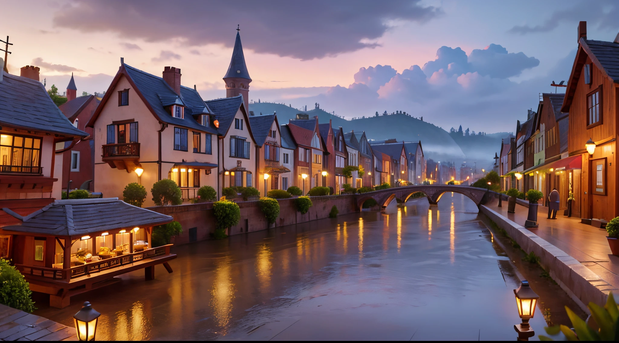 small fantasy city, vibrant, evening, rain