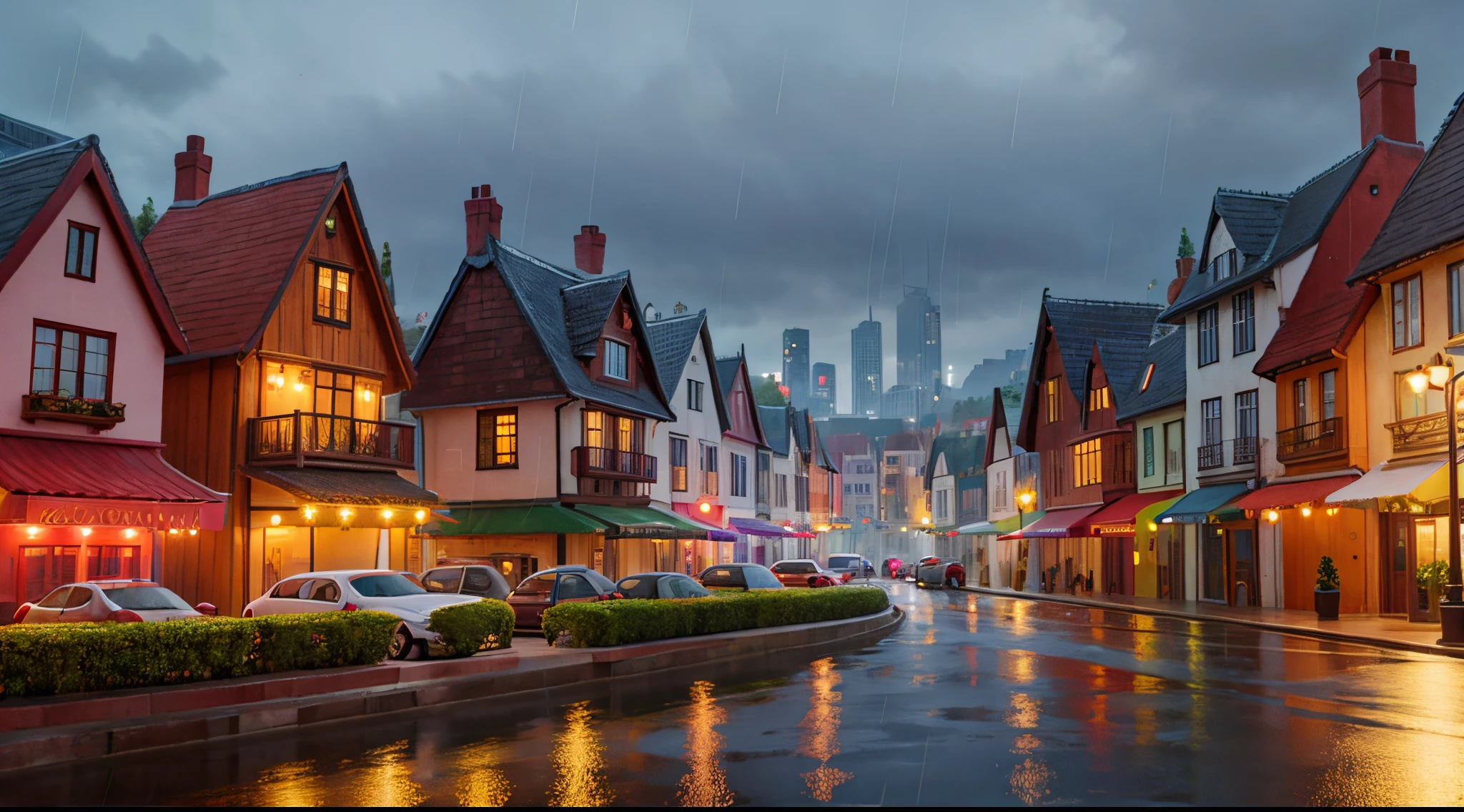 small fantasy city, vibrant, evening, rain