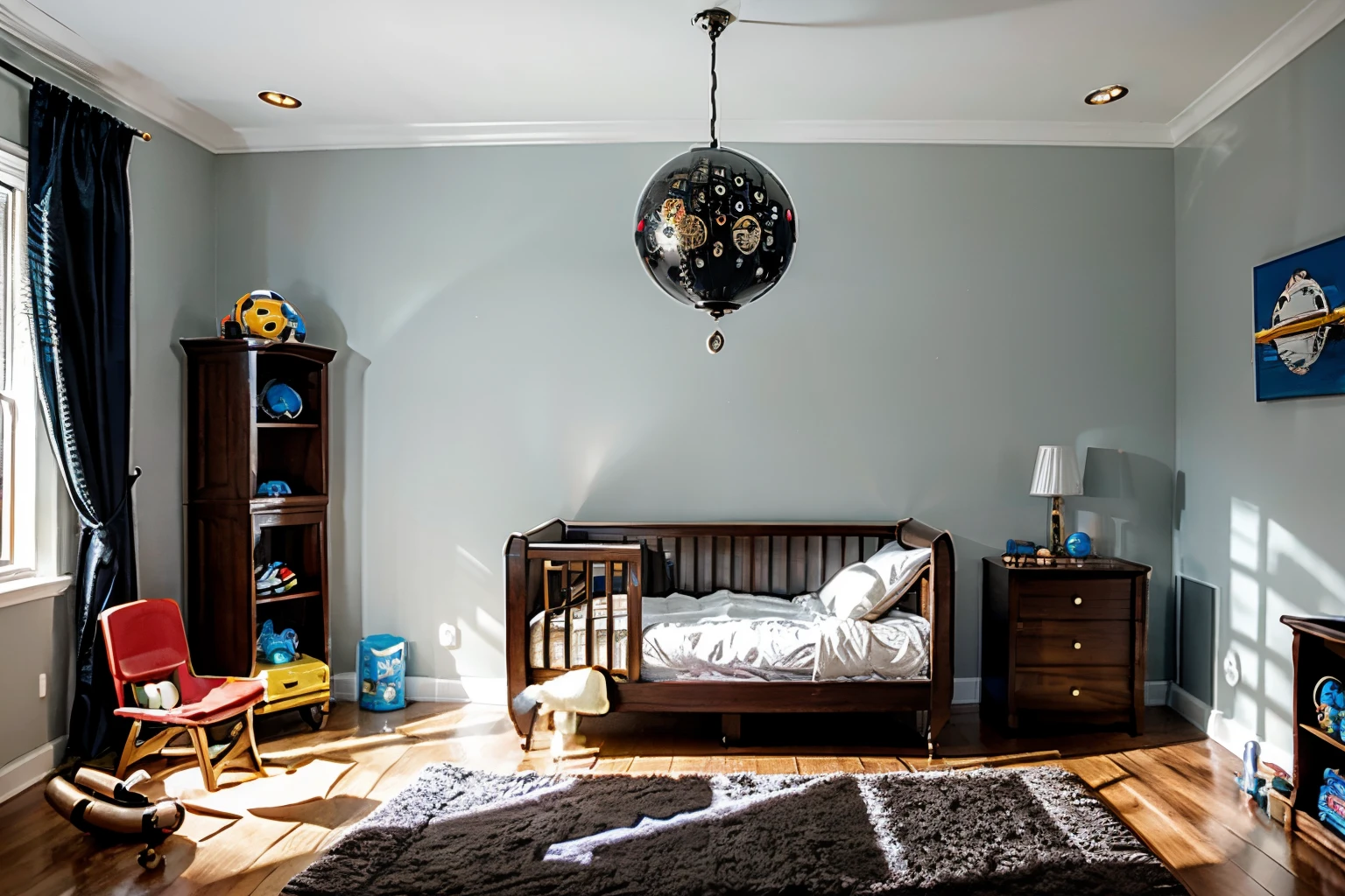 Boy room, toys, planet chandelier
