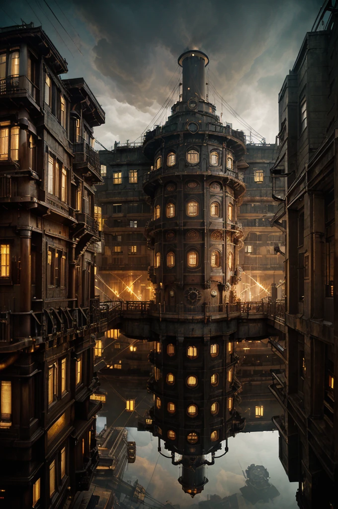 (((steampunk))),city,(((crowded buildings))),exposed gears and pipes,(((dim light))),submerged ground,((gears)),((thick pipes)),covered bridge,The perspective is from the bottom up, reflecting the height of the building,dark weather,smoking chimneys,(((mechanical devices))),((staggered wires)),crowded city,irregular buildings