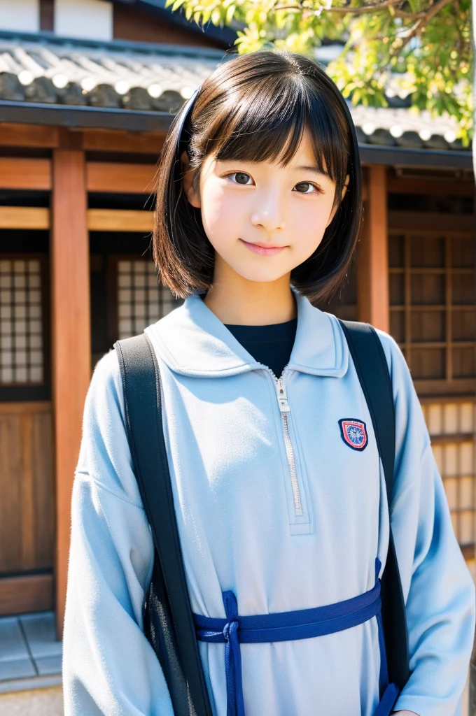 Japan Girl, girl with(13 years old),Short hair, Black hair, Idol, Teen, Baby face, Traditional architecture of Japan, kawaii, (Bright and warm color palette:1.1), Natural lighting, Soft shadows, DELICATE DETAILS, (High resolution:1.2), Joyful expression, Ministry work、schools、tennis、racket、poneyTail、tennis coat
