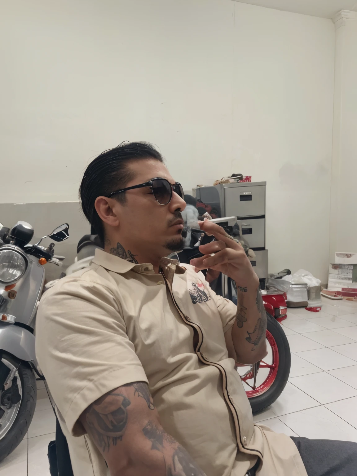 With smoke , mafia suit, god father, gengster tatto in head,