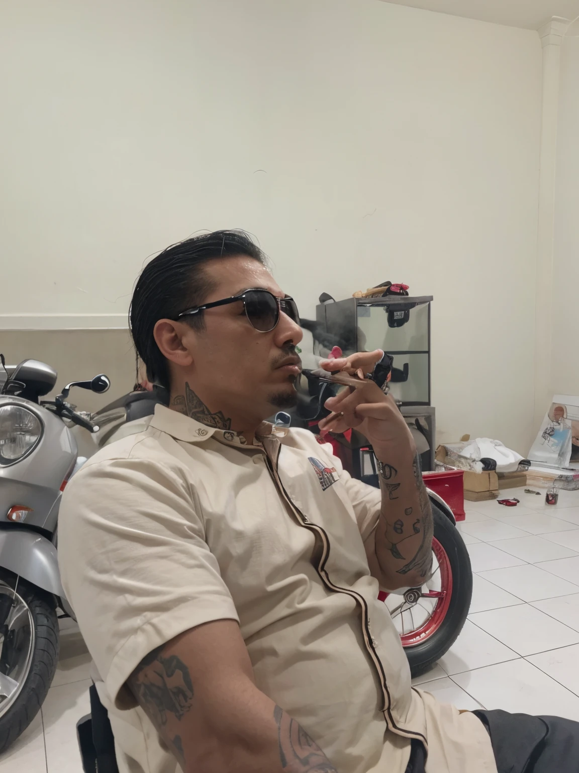 With smoke , mafia suit, god father, gengster tatto in head,