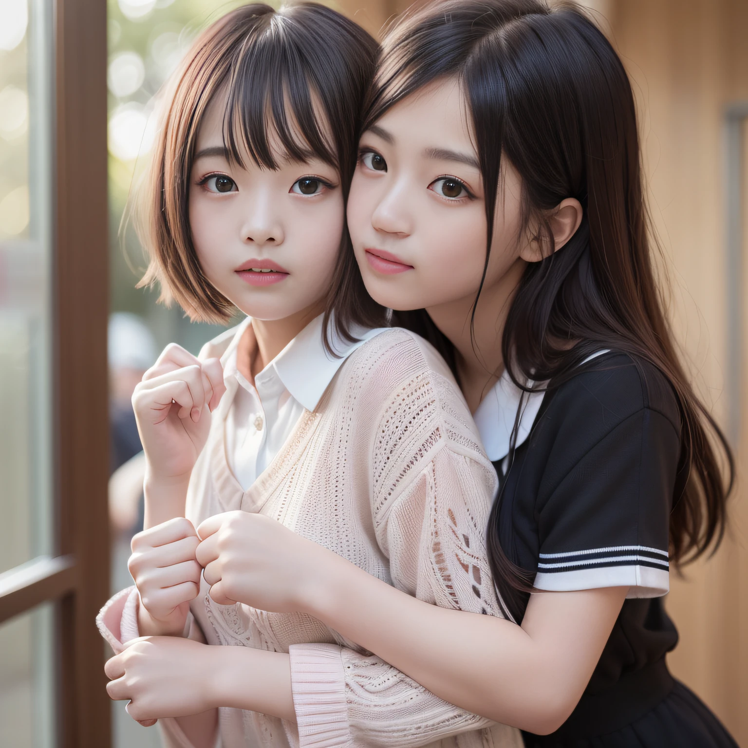 (Two natural strawberry blonde and redhead girls with pretty faces), (cute peace pose), wearing a white button shirt,  body, skinny, Atmospheric, Dark atmosphere, Edge lighting, Mao Akiyama、Sayaka Yamamoto、Jurina Matsui、Saito Asuka、Mao Akiyamaの顔の特徴8K, Full body portrait, elegant, Natural light, Spooky greenhouse at night, Sharp focus, (Highly detailed eyes and face, Professional photography techniques), (Beautiful small face, Beautiful Eyes, high nose, beautiful girl, high school , Idol Face, Baby Fasmile, Happy, K UHD, Hmph, Beautiful and soft skin, Vibrant Skin, blush, (Chirarizum:1.3, Unbutton a white shirt:1.2), (Beautiful breasts, Cleavage), (Small beautiful butt), (Detailed hands:1.2, Beautiful nails, The optimal ratio is four fingers to one thumb), Perfect proportions, (Perfect Anatomy:1.3), (Highest quality, Masterpiece, Highest quality, Ultra high definition, Photorealism:1.4)