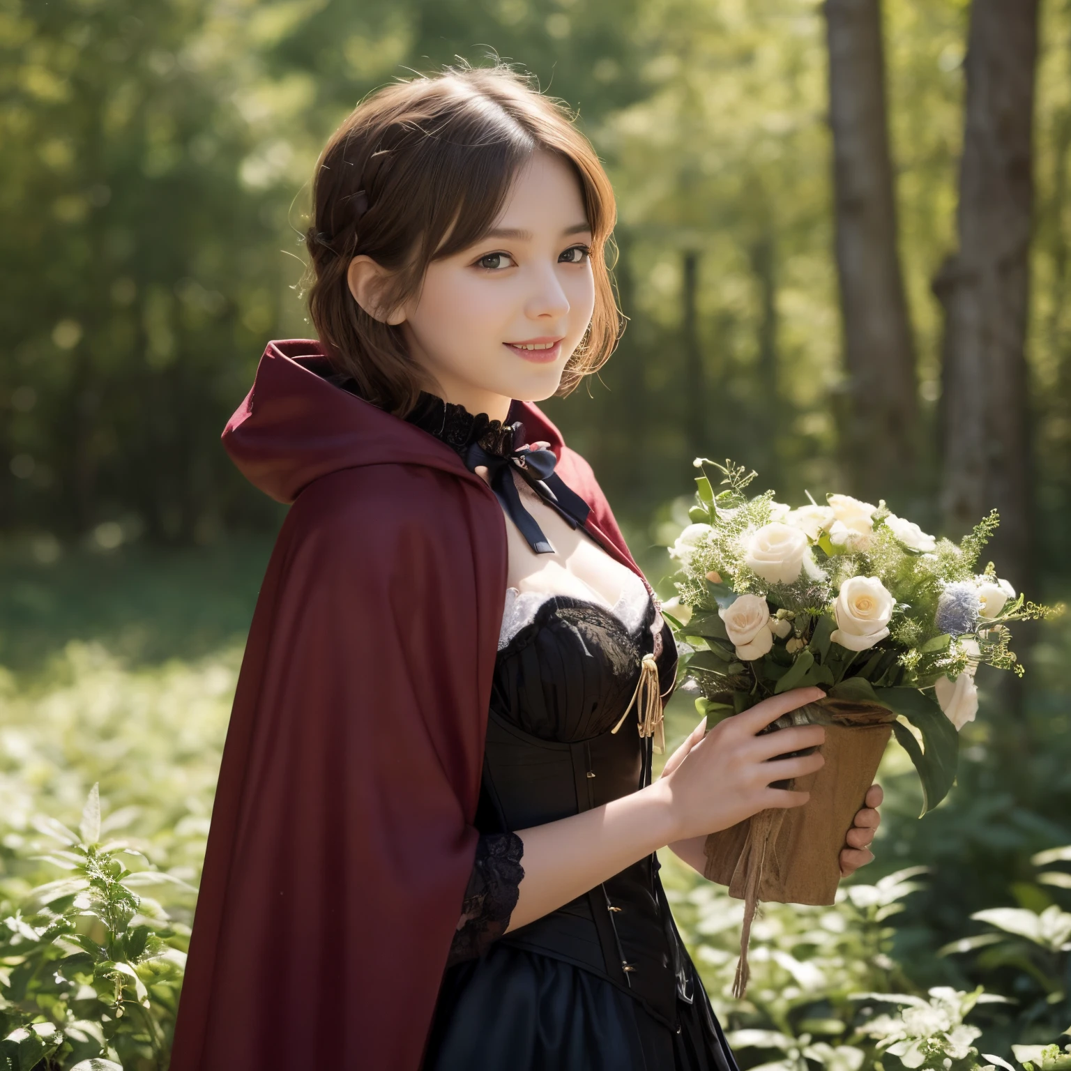 ((top-quality、masutepiece、8K、Top image quality))、1 beautiful girl、(15 year old girl with a young face:1.3)、((Bordeaux hood、accurate hood、cape、intricate corset、frilld、intricate victorian attire))、(Classic atmosphere:1.3)、(Classic folktale atmosphere:1.1)、(fantasy atmosphere:1.3)、(Short Wave Hair:1.2)、smile looking at me、have one exact fruit basket、Emphasize body lines、accurate anatomy、(cowboy  shot)、deep in a dimly lit forest、In a dense, dark forest、A slender、Perfect makeup