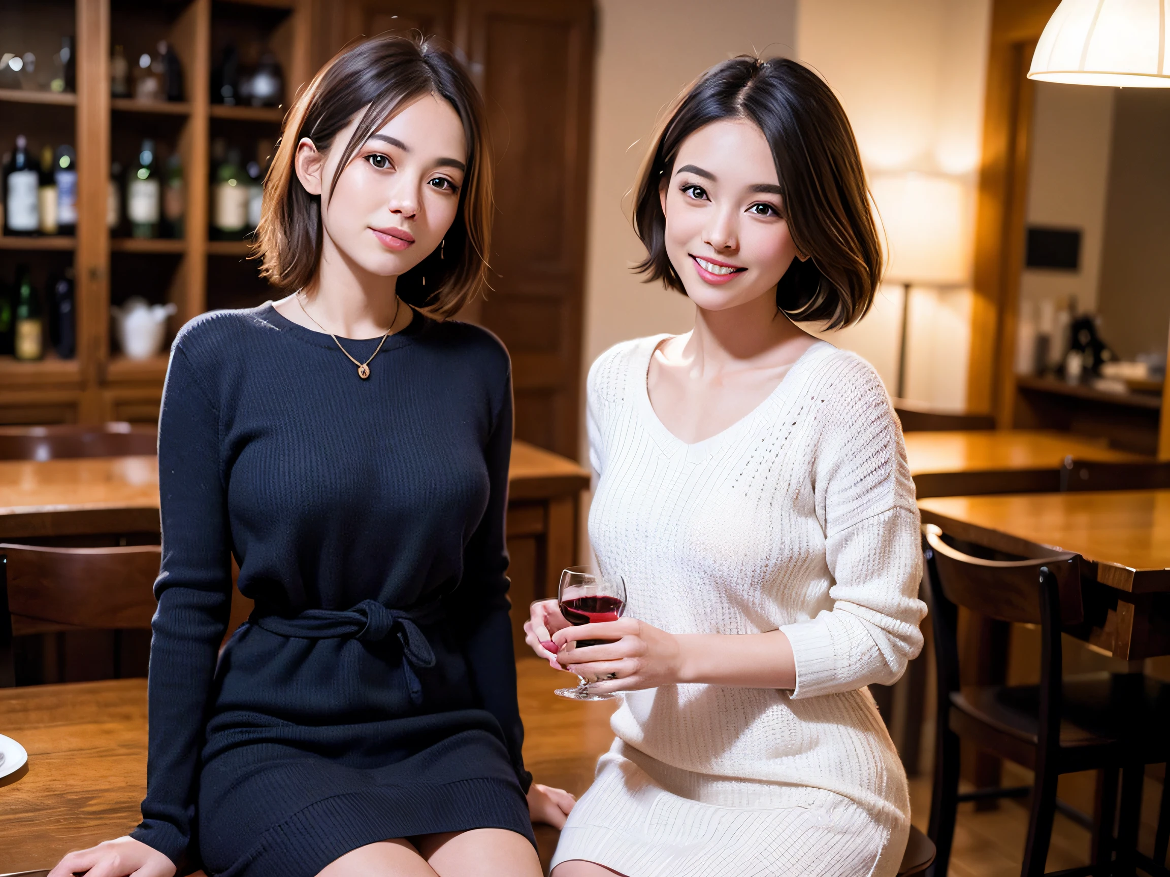 (64k uhd、nffsw、top-quality、​masterpiece:1.2)、(realisitic、Photorealsitic:1.37)、ultra-detailliert、wine glasses、enjoying a glass of wine、a matural female、Two cute women、(Slim Faces)、(Slim body)、（brawn hair）、(short-cut)、smiling french woman、happy italian girl、British woman、Americana、blush a little on the cheeks、(46 years old)、48yo、red wine、Beautiful detailed urban night view outside the window、resturant、Wine glasses in a prominent place、natta、(from waist up)、sitting on、date、(A smile:1.15)、Beautiful fine eyes、bustup、Cashmere sweater、long-sleeved dresses、japanes、(short-hair:1.2)、Float NovaFrogStyle、女優、modeled、from waist up、white wine、Slimed、wine glasses、Super beautiful night view、Put the wine glass in the middle、Happy smile、(8K、Raw photography、top-quality、​masterpiece:1.2)、(realisitic、Photorealsitic:1.37)、ultra-detailliert、超A high resolution、2 females、see the beholder、beautifull detailed face、A smile、Constriction、(Slim waist) :1.3)、knit shirt、Beautiful detailed skin、Skin Texture、floated hair、profetional lighting、middlebreasts、eyes gentle