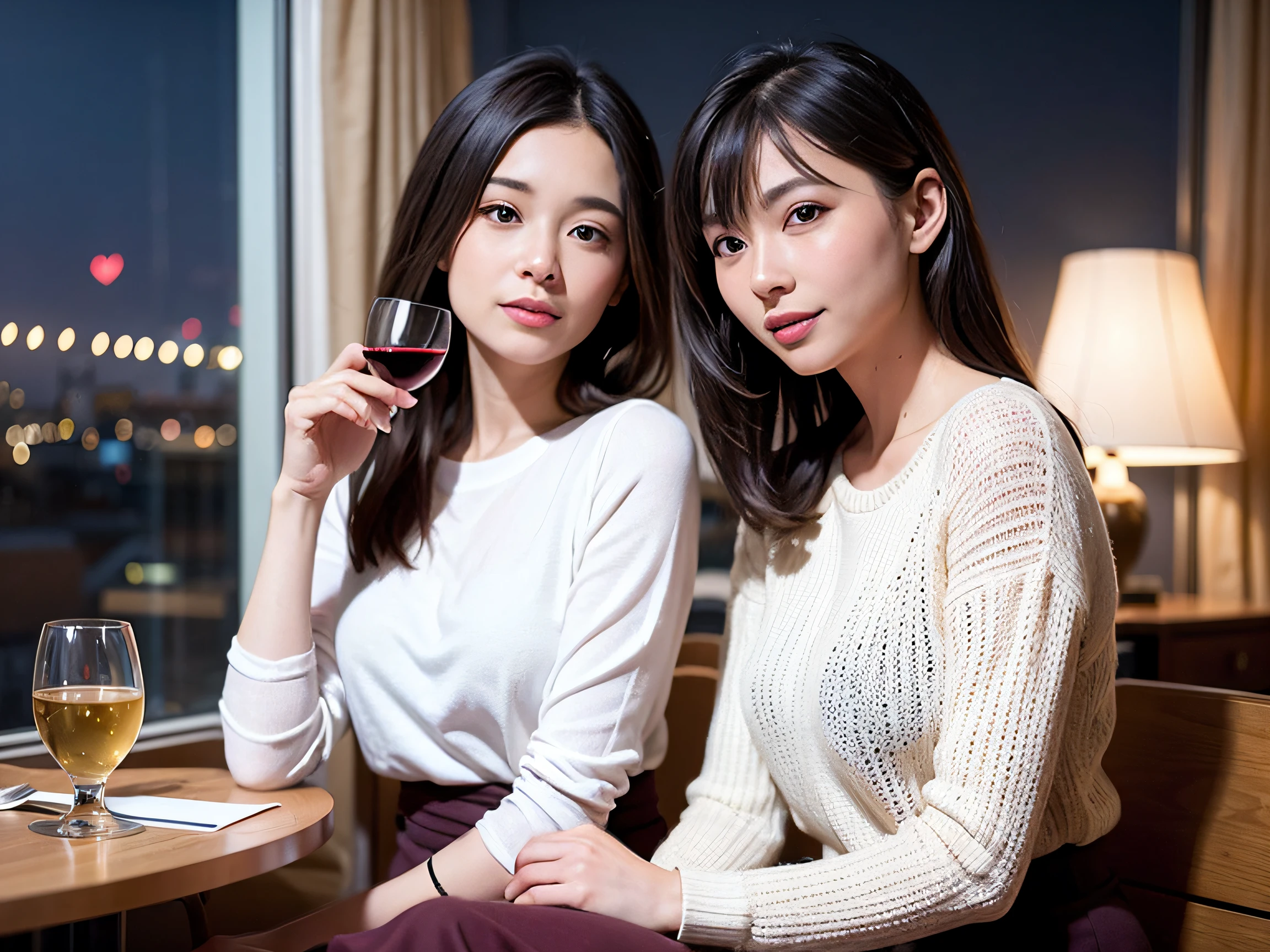 (64k uhd、nffsw、top-quality、masterpiece:1.2)、(realisitic、Photorealsitic:1.37)、ultra-detailliert、wine glasses、enjoying a glass of wine、a matural female、Two cute women、(Slim Faces)、(Slim body)、(brawn hair)、(short-cut)、smiling french woman、happy italian girl、British woman、Americana、blush a little on the cheeks、(46 years old)、48yo、red wine、Beautiful detailed urban night view outside the window、resturant、Wine glasses in a prominent place、natta、(from waist up)、sitting on、date、(A smile:1.15)、Beautiful fine eyes、bustup、Cashmere sweater、long-sleeved dresses、japanes、(short-hair:1.2)、Float NovaFrogStyle、女優、modeled、from waist up、white wine、Slimed、wine glasses、Super beautiful night view、Put the wine glass in the middle、Happy smile、(8K、Raw photography、top-quality、masterpiece:1.2)、(realisitic、Photorealsitic:1.37)、ultra-detailliert、超A high resolution、2 females、see the beholder、beautifull detailed face、A smile、Constriction、(Slim waist) :1.3)、knit shirt、Beautiful detailed skin、Skin Texture、floated hair、profetional lighting、middlebreasts、eyes gentle