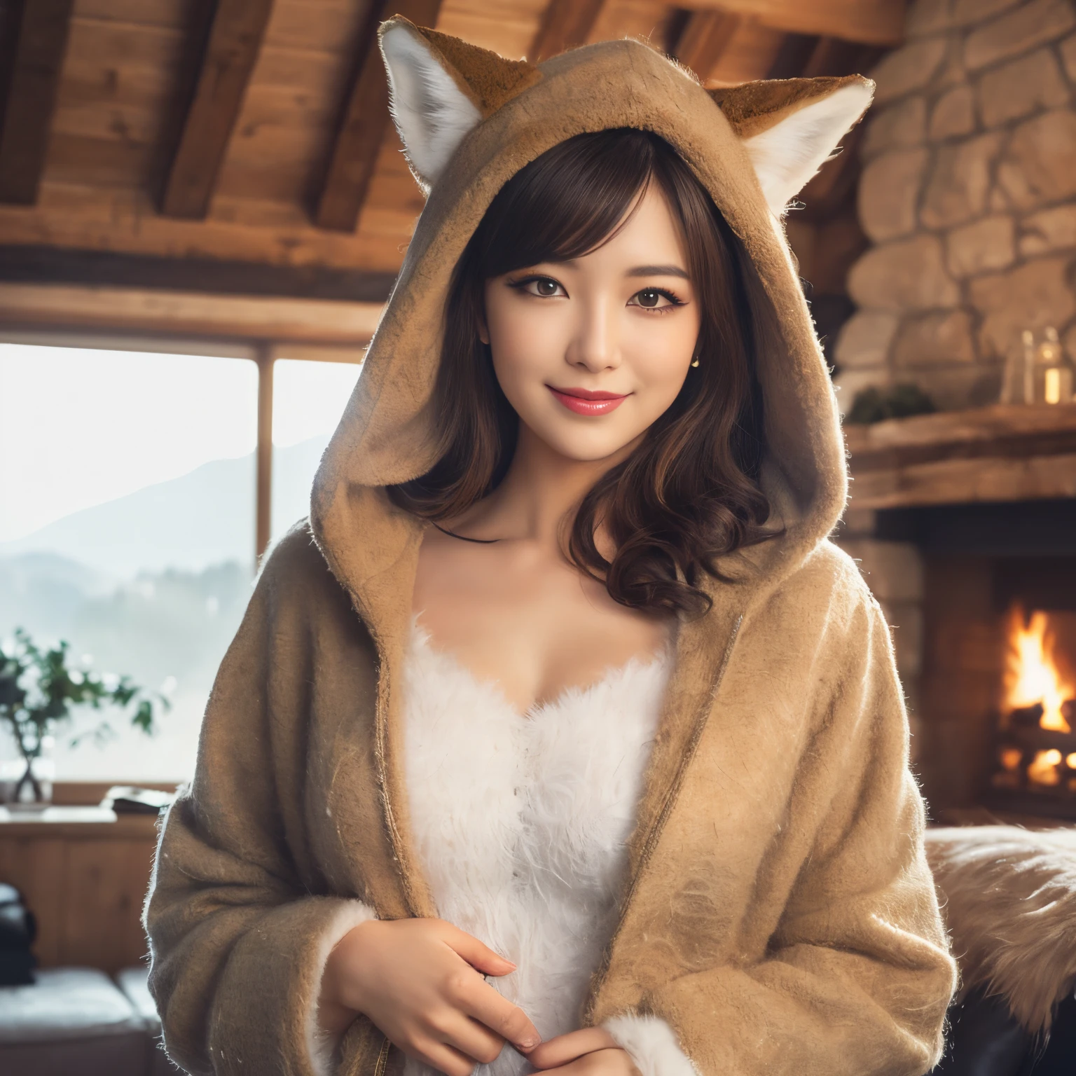 (top-quality、masutepiece、in 8K、Top image quality)、(A girl with very realistic fox ears:1.2)、(Very realistic and finely textured ears:1.3)、Perfect makeup、(Color Contacts:1.2)、(Vibrant eyeshadow:1.2)、(glitter makeup:1.1)、a blond、Brown hair、Long Wave Hair、photo of her from the waist up、The biggest smile to see here、The background is inside a cozy small mountain hut.、Interior of a cozy small mountain hut、1 old fireplace、Warm gentle lighting、(very realistic fur texture:1.3)、(very rich fur:1.2)、(far coat:1.3)、(fur hood:1.4)、(a large amount of fur:1.2)、(Fur carpet:1.3)、(Large amount of fur with very realistic texture:1.3)、(fluffy fur:1.2)