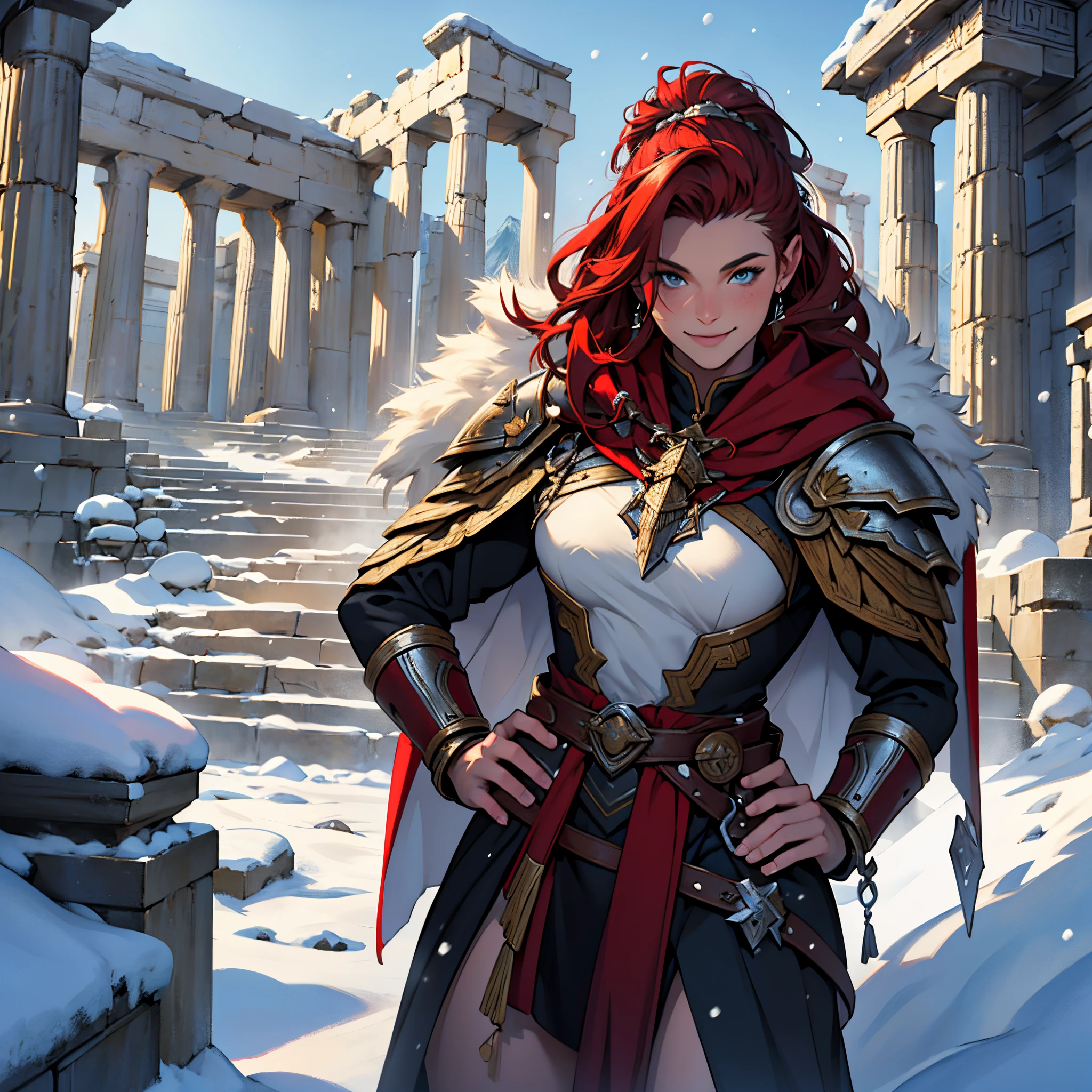 masterpiece, Best Quality, 4k, Background with:In front of the snow-covered stairs of a Greek temple with snow-capped mountains in the distance, One female Valkyrie warrior wearing a dark red cloak, Men's hairstyle, full of freckles, Smiley, Fantasy, close up portrait photo