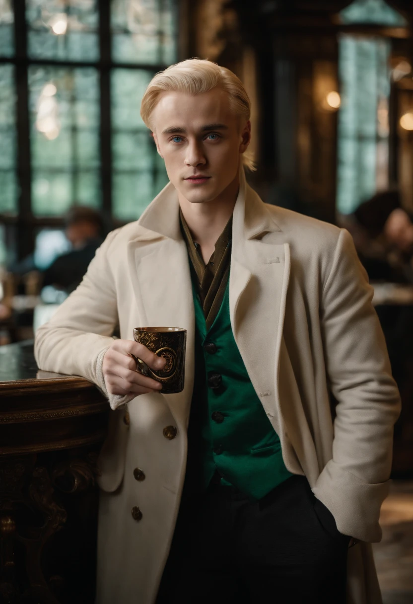 A photo of Draco Malfoy standing in a high-end wizarding cafe, sipping a meticulously brewed cup of exotic magical tea.,Harry Potter series,Draco is tall with neat platinum blonde hair, icy blue eyes, wears Slytherin Hogwarts robes, famously portrayed by Tom Felton, male