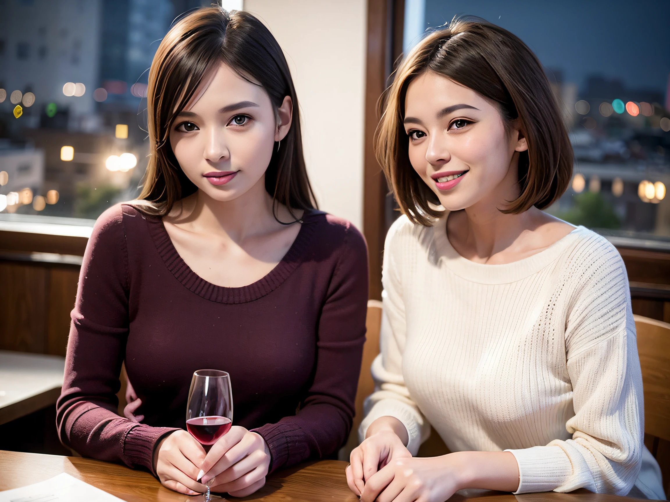 (64k uhd、nffsw、top-quality、​masterpiece:1.2)、(realisitic、Photorealsitic:1.37)、ultra-detailliert、wine glasses、enjoying a glass of wine、a matural female、Two cute women、(Slim Faces)、(Slim body)、（brawn hair）、(short-cut)、smiling french woman、happy italian girl、British woman、Americana、blush a little on the cheeks、(46 years old)、48yo、red wine、Beautiful detailed urban night view outside the window、resturant、Wine glasses in a prominent place、natta、(from waist up)、sitting on、date、(A smile:1.15)、Beautiful fine eyes、bustup、Cashmere sweater、long-sleeved dresses、japanes、(short-hair:1.2)、Float NovaFrogStyle、女優、modeled、from waist up、white wine、Slimed、wine glasses、Super beautiful night view、Put the wine glass in the middle、Happy smile、(8K、Raw photography、top-quality、​masterpiece:1.2)、(realisitic、Photorealsitic:1.37)、ultra-detailliert、超A high resolution、2 females、see the beholder、beautifull detailed face、A smile、Constriction、(Slim waist) :1.3)、knit shirt、Beautiful detailed skin、Skin Texture、floated hair、profetional lighting、middlebreasts、eyes gentle