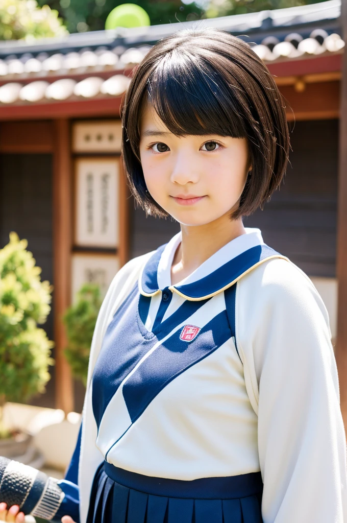 Japan Girl, girl with(13 years old),Short hair, Black hair, Idol, Teen, Baby face, Traditional architecture of Japan, kawaii, , Natural lighting, Soft shadows, DELICATE DETAILS, (High resolution:1.2), Joyful expression, Ministry work、tennis、racket、poneyTail、tennis coat、full bodyesbian、Tennis Uniform