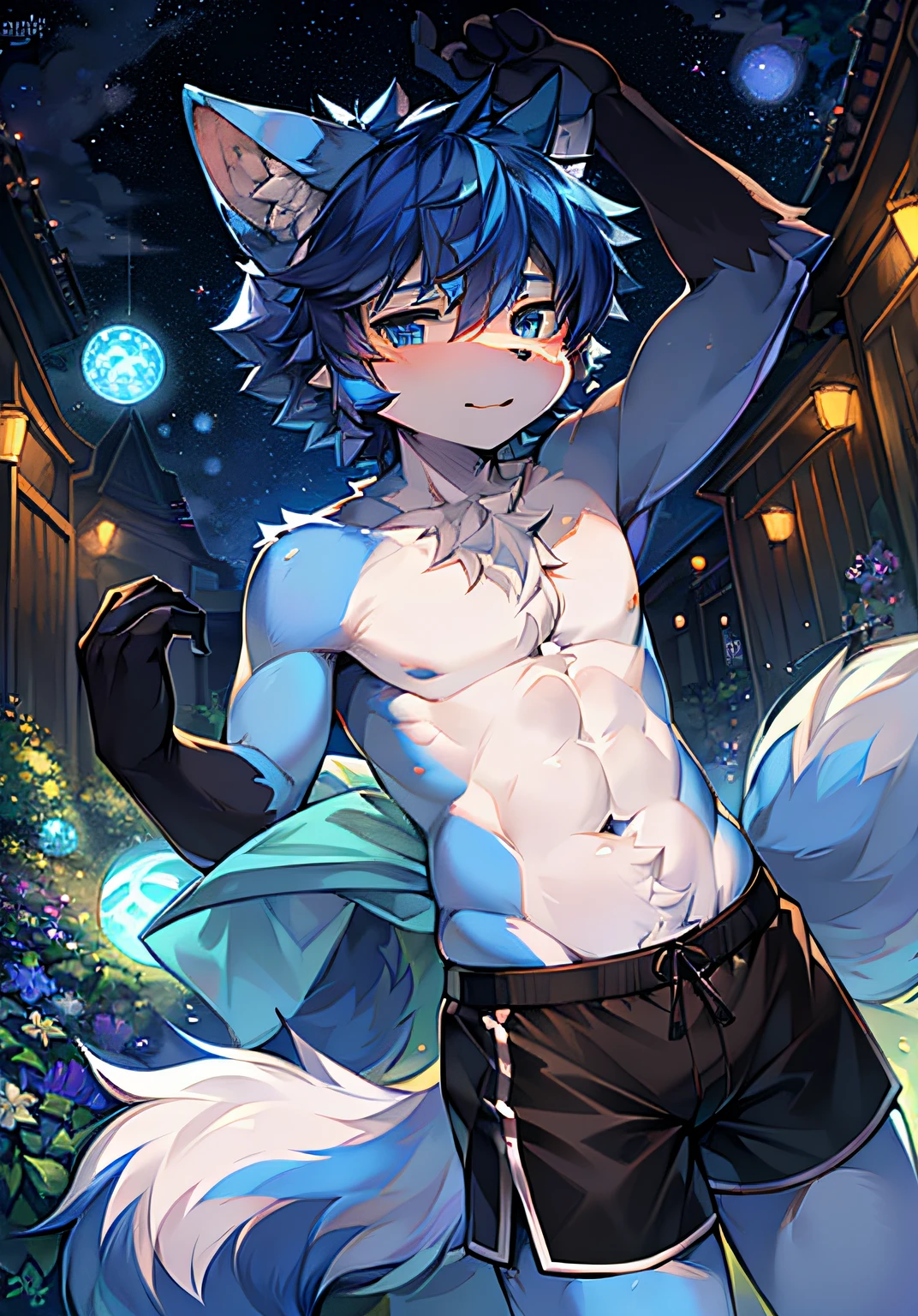 spherical body,tropical garden,Short hair details,Blue hair,starrysky,There's blue fur everywhere,Wolf ears,Wolf type,Big furry tail,tmasterpiece,High-quality portraits,shaggy, shaggy male, malefocus, Eyes are bright, in a panoramic view, Character focus,Black sports shorts,male people,eBlue eyes,Naked upper body,cute big breasts