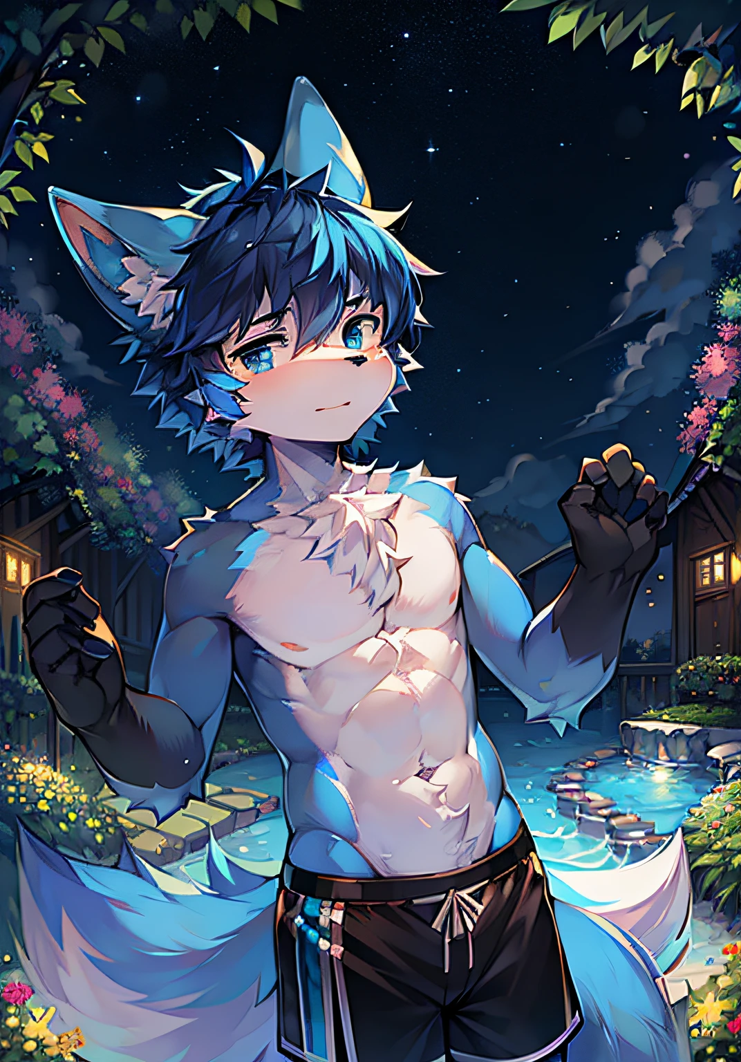 spherical body,tropical garden,Short hair details,Blue hair,starrysky,There's blue fur everywhere,Wolf ears,Wolf type,Big furry tail,tmasterpiece,High-quality portraits,shaggy, shaggy male, malefocus, Eyes are bright, in a panoramic view, Character focus,Black sports shorts,male people,eBlue eyes,Naked upper body,cute big breasts