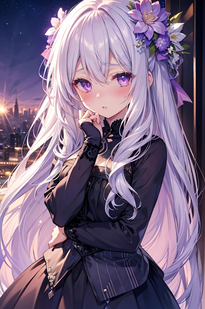 realistic, 1girl, Silver hair, purple eyes, glowing eyes, top, skirt, parted lips, blush, night, flowers, sun, sunlight, cute, kawaii, digital art, finely detailed eyes, embarrassed expression, long_hair, blushing, (highly detailed 8k wallpaper), best resolution, very_long_hair, masterpiece, semi-realistic