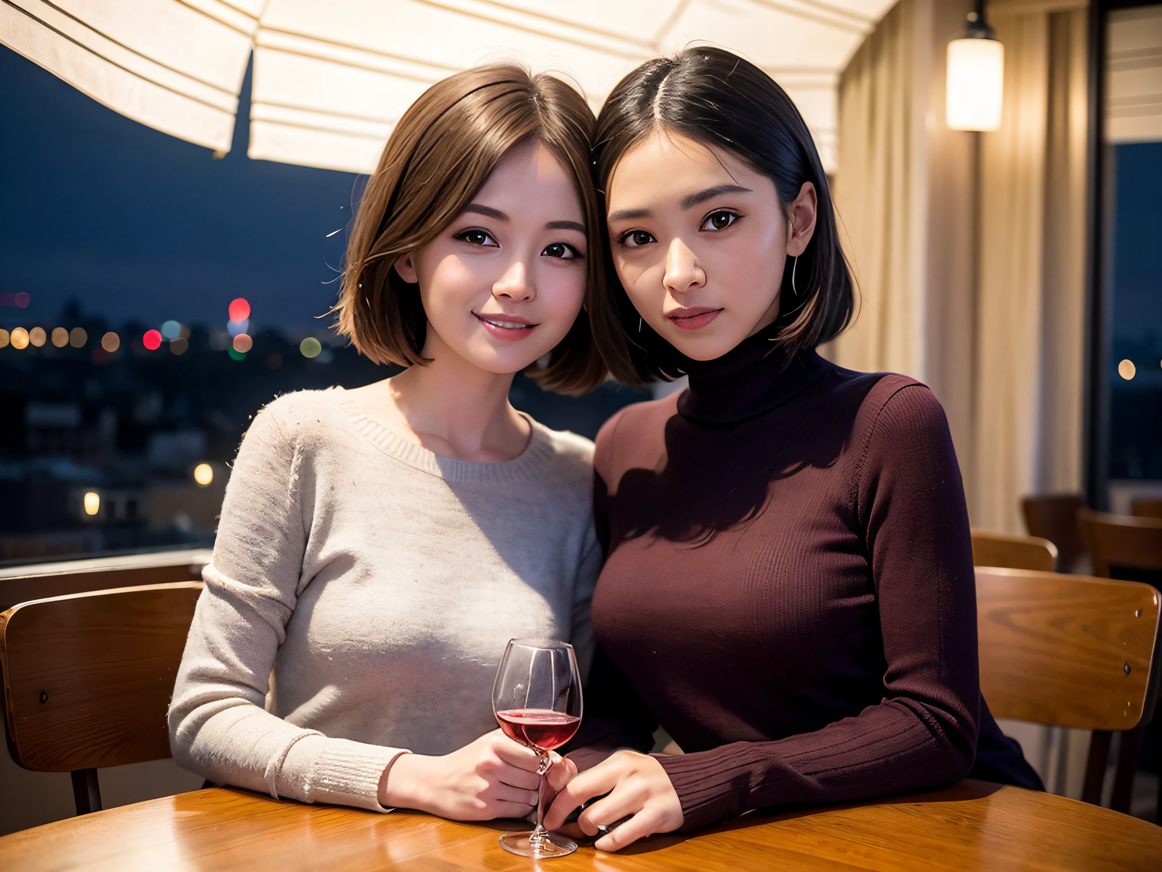 (64k uhd、nffsw、top-quality、masterpiece:1.2)、(realisitic、Photorealsitic:1.37)、ultra-detailliert、wine glasses、enjoying a glass of wine、a matural female、Two cute women、(Slim Faces)、(Slim body)、(brawn hair)、(short-cut)、smiling french woman、happy italian girl、British woman、Americana、blush a little on the cheeks、(46 years old)、48yo、red wine、Beautiful detailed urban night view outside the window、resturant、Wine glasses in a prominent place、natta、(from waist up)、sitting on、date、(A smile:1.15)、Beautiful fine eyes、bustup、Cashmere sweater、long-sleeved dresses、japanes、(short-hair:1.2)、Float NovaFrogStyle、女優、modeled、from waist up、white wine、Slimed、wine glasses、Super beautiful night view、Put the wine glass in the middle、Happy smile、(8K、Raw photography、top-quality、masterpiece:1.2)、(realisitic、Photorealsitic:1.37)、ultra-detailliert、超A high resolution、2 females、see the beholder、beautifull detailed face、A smile、Constriction、(Slim waist) :1.3)、knit shirt、Beautiful detailed skin、Skin Texture、floated hair、profetional lighting、middlebreasts、eyes gentle