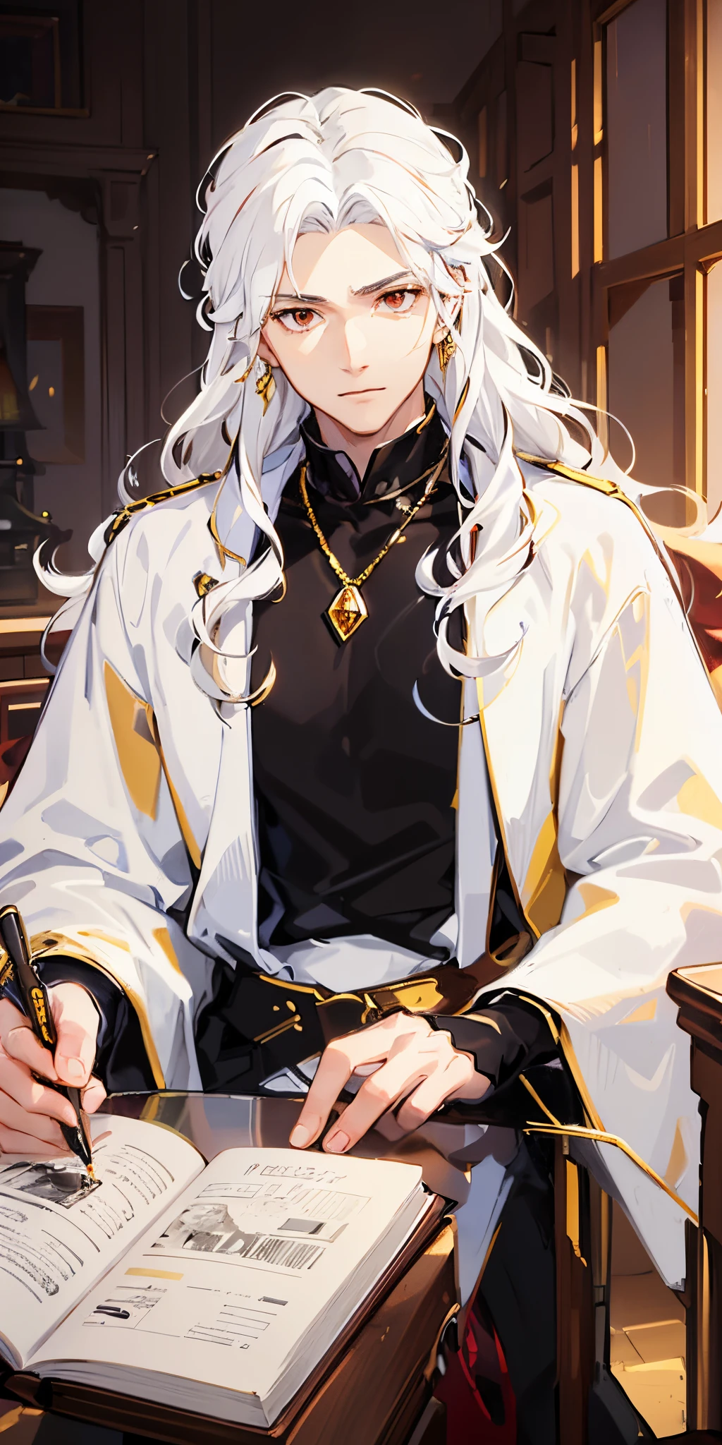 ((1male, guy, male gendered)), (Highest quality), mid teen, guy, (light brown European skin). (masterpiece), (young looking), detailed face, cosy vibe, sitting at a table writing a book, holding pen,, wearing a giant red hexagonal gemstone pendant, wearing a royal white overcoat, a full sleeve silk-white overcoat, white overcoat has a white turtleneck collar adorned with black patterns, black tshirt under white overcoat, artistic and magical red and gold patterns on the white overcoat, full-white covercoat, the overcoat is made of royal silk and has intricate patterns, It is a stylish male overcoat that pairs well with long silk pants, orange-red crystal-like eyes, ((full white hair)), very curly and wavy hair, long curly hair, curly and wavy hair,