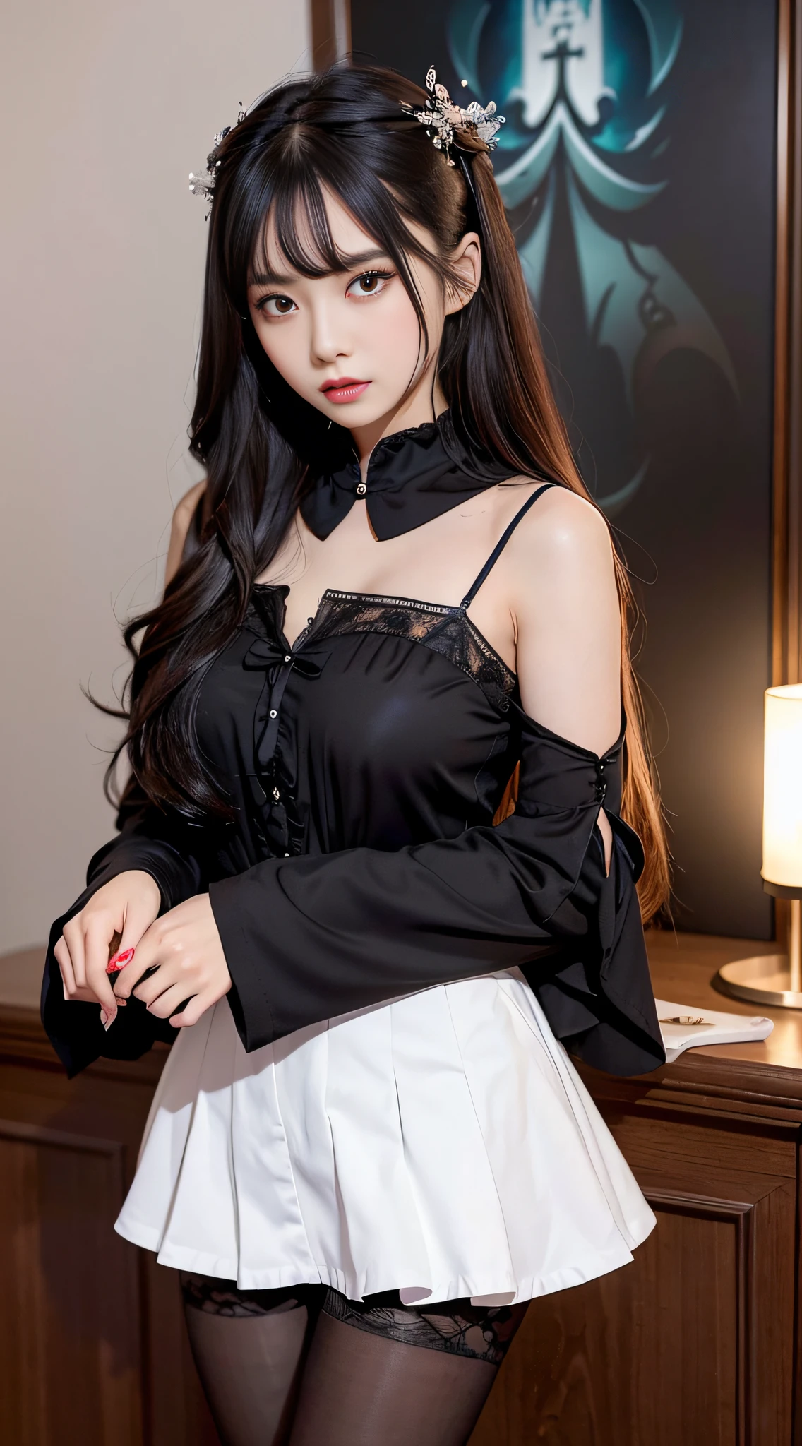 (medium breasts、Small head)、sunlighting、(perfect body:1.ung)、(Medium Long)、(wavy hair:1.2)、fullbody shot、(girl wearing school uniform:1.4、Pleated Skirt、button up shirt)、((Mini One Piece))、Beautiful floral camisole、(extremely detailed CG 8k wallpaper)、(Extremely Delicate and Beautiful)、(A masterpie)、(the highest quality:1.0)、(Ultra High Res:1.0)、Beautiful lighting、perfect lightning、Realistic shadows、Skin details、Super Detailed、(spread leg))、(Beautiful legs)、slim body、ear ring、thights、(beautiful long hair)、Thin collarbone、soft navel、Soft midriff、Soft back、Beautiful Breasts、blushful、photorealistic、realistic faces、Realistic Eyes、small eyes、(eye liner)、(mascara)、((spread thighs))、 ((hand on thigh))、((sticks between the breasts))