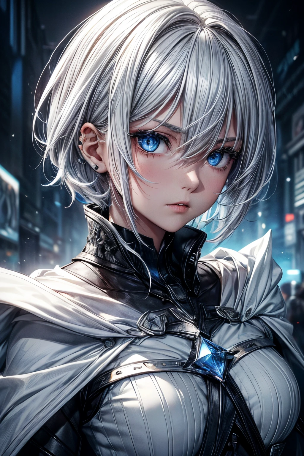 (a)woman,young,19 years old,shorthair white hair,(shorthair:white hair:1.1),skin as white as snow,cold gaze,black clothes,[grey robe],cape,half body,(background:blue lights),(blue-eyed:crystal eyes),(ice blue eyes),(icy:blue eyes),(intense:blue eyes),(crystal clear eyes),(intense gaze),(sharp gaze),(piercing gaze)