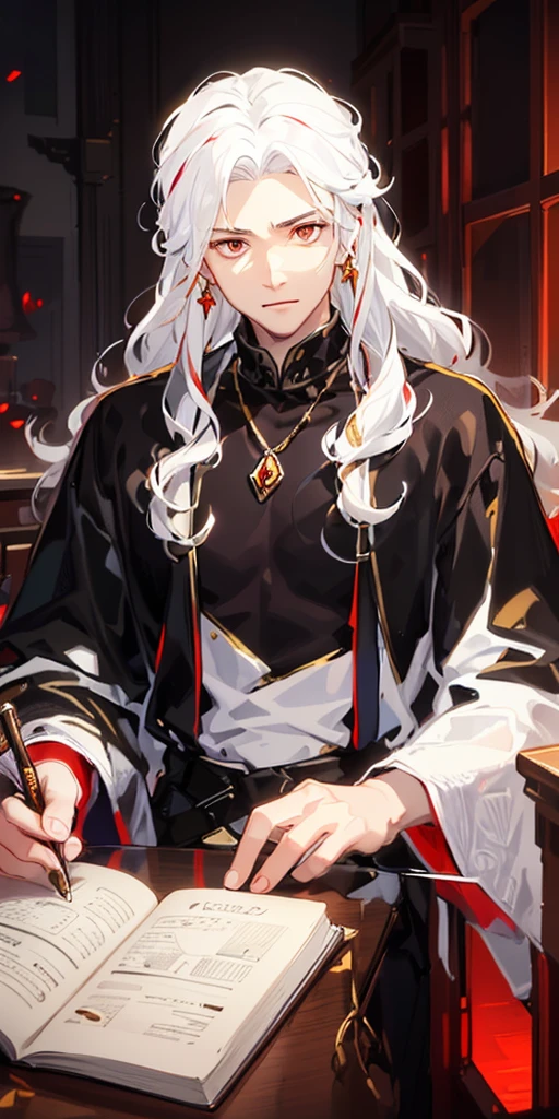 ((1male, guy, male gendered)), (Highest quality), , guy, (light brown European skin). (masterpiece), (young looking), detailed face, cosy vibe, sitting at a table writing a book, holding pen,, wearing a giant red hexagonal gemstone pendant, wearing a royal white overcoat, a full sleeve silk-white overcoat, white overcoat has a white turtleneck collar adorned with black patterns, black tshirt under white overcoat, artistic and magical red and gold patterns on the white overcoat, full-white covercoat, the overcoat is made of royal silk and has intricate patterns, It is a stylish male overcoat that pairs well with long silk pants, orange-red crystal-like eyes, ((full white hair)), very curly and wavy hair, long curly hair, curly and wavy hair, (side lighting, cinematic lighting, cinematic shadows)