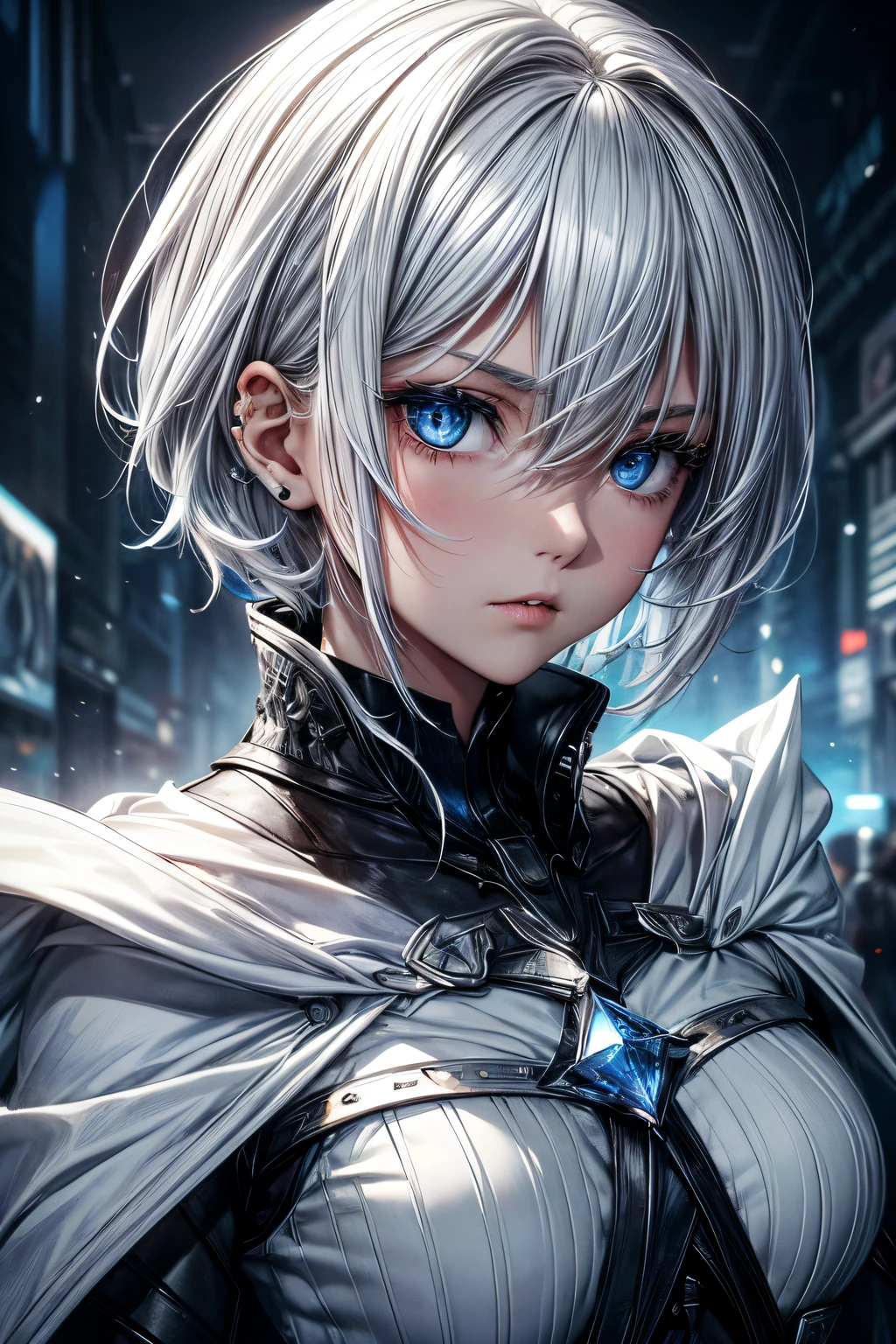 (a)woman,young,19 years old,shorthair white hair,(shorthair:white hair:1.1),skin as white as snow,cold gaze,black clothes,[grey robe],cape,half body,(background:blue lights),(blue-eyed:crystal eyes),(ice blue eyes),(icy:blue eyes),(intense:blue eyes),(crystal clear eyes),(intense gaze),(sharp gaze),(piercing gaze