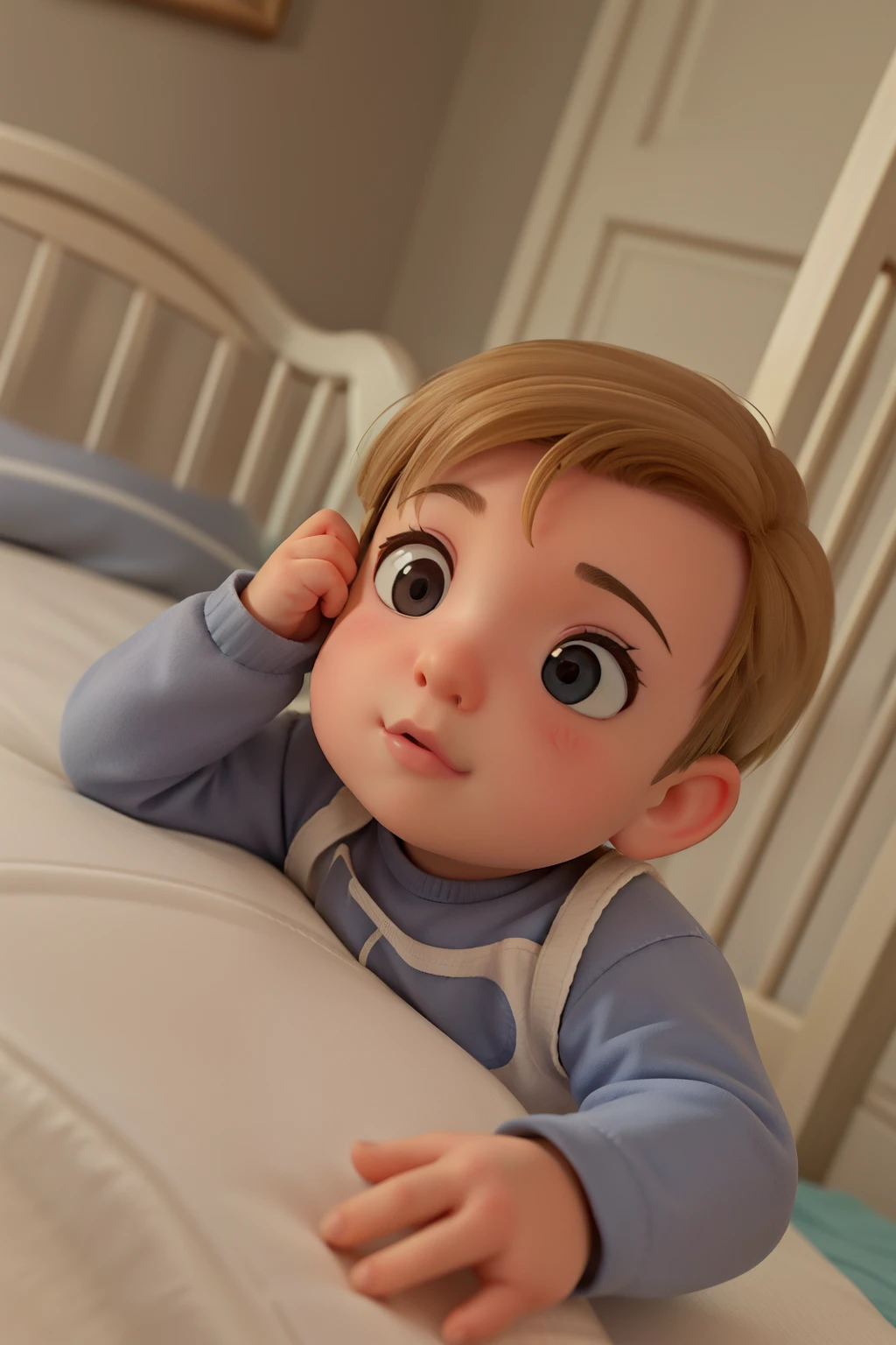 there is a baby sitting on a bed with a pillow, wearing pajamas, toddler, cute boy, adorable, young child, wearing a baggy pajamas, comfy, luca, good morning, looking tired, good night, little ???, sleepy, sitting on the bed, looking defiantly at the camera, looking serious, sage green, cute girl, beautiful cute, cute adorable