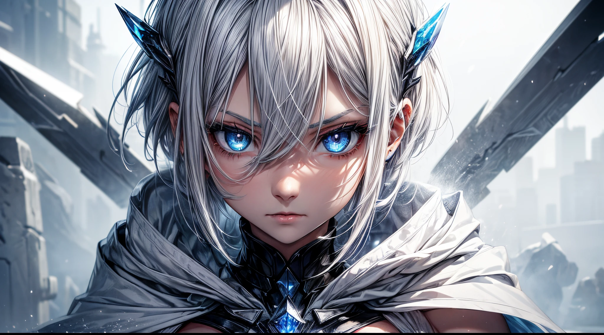 (a)woman,young,19 years old,shorthair white hair,(shorthair:white hair:1.1),skin as white as snow,cold gaze,black clothes,[grey robe],cape,half body,(background:blue lights),(blue-eyed:crystal eyes),(ice blue eyes),(icy:blue eyes),(intense:blue eyes),(crystal clear eyes),(intense gaze),(sharp gaze),(piercing gaze