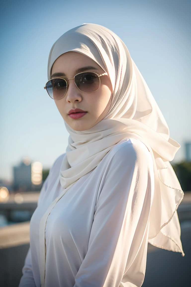 (Best quality, masterpiece) ,(nikon RAW photo, 8 k, Fujifilm) , 1girl, mature female, (hijab, white hijab:1.2) , casual outfit, wearing sunglasses, medium breast, professional lighting, dramatic lighting, medium close shot, (serious expression), emotionless, looking to viewer, outdoor, depth of field,