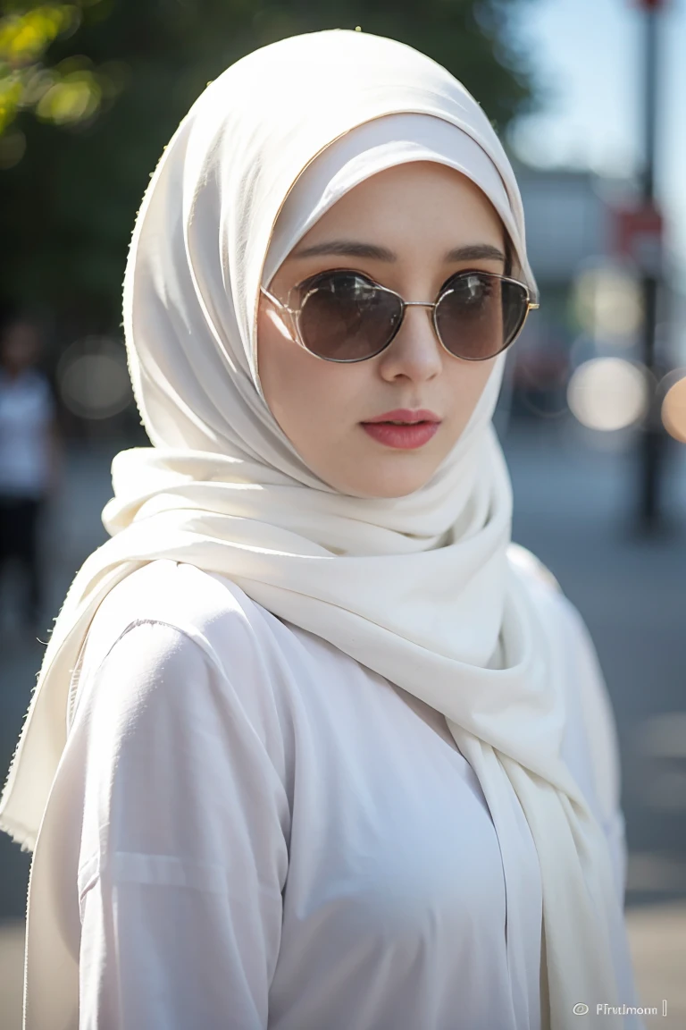 (Best quality, masterpiece) ,(nikon RAW photo, 8 k, Fujifilm) , 1girl, mature female, (hijab, white hijab:1.2) , casual outfit, wearing sunglasses, medium breast, professional lighting, dramatic lighting, medium close shot, (serious expression), emotionless, looking to viewer, outdoor, depth of field,