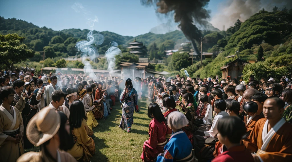 Makashi Kimono、ganja、geisha、smokeing、10 people、Inhale smoke、cyberpunked、Near future、Landscape ratio image、Background through、Hemp leaf hair ornament、Scenic、History、Thanks、appreciate、reddish、blessings