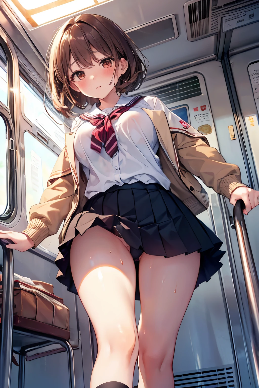 Perfect quality, masterpiece,  K, (From below:1.8), Beautiful girl standing in morning train, brown medium hair, High School Uniform, Brown eyes, Sweat, blushed face, Plump breasts, Open her legs, Looking at Viewer,