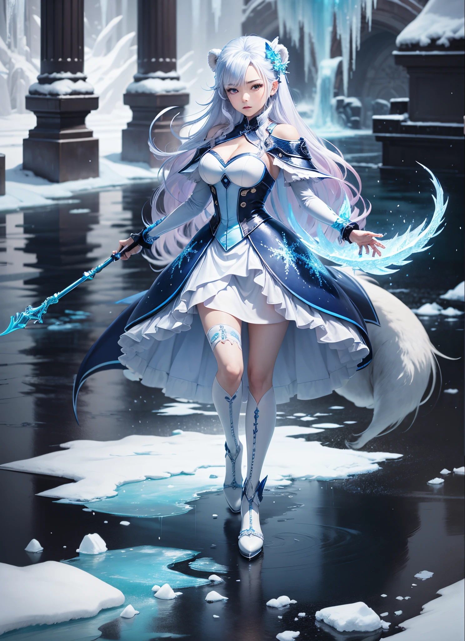 (best quality,8k,anime,ultra-detailed),rainha de gelo, Ice made body, Saori kido, long blue shiny hair,shoulder pads with frozen polar bear faces,staff made of ice in her right hand, long white and blue dress, Ice made fancy shoes, ice under her feet --auto --s2